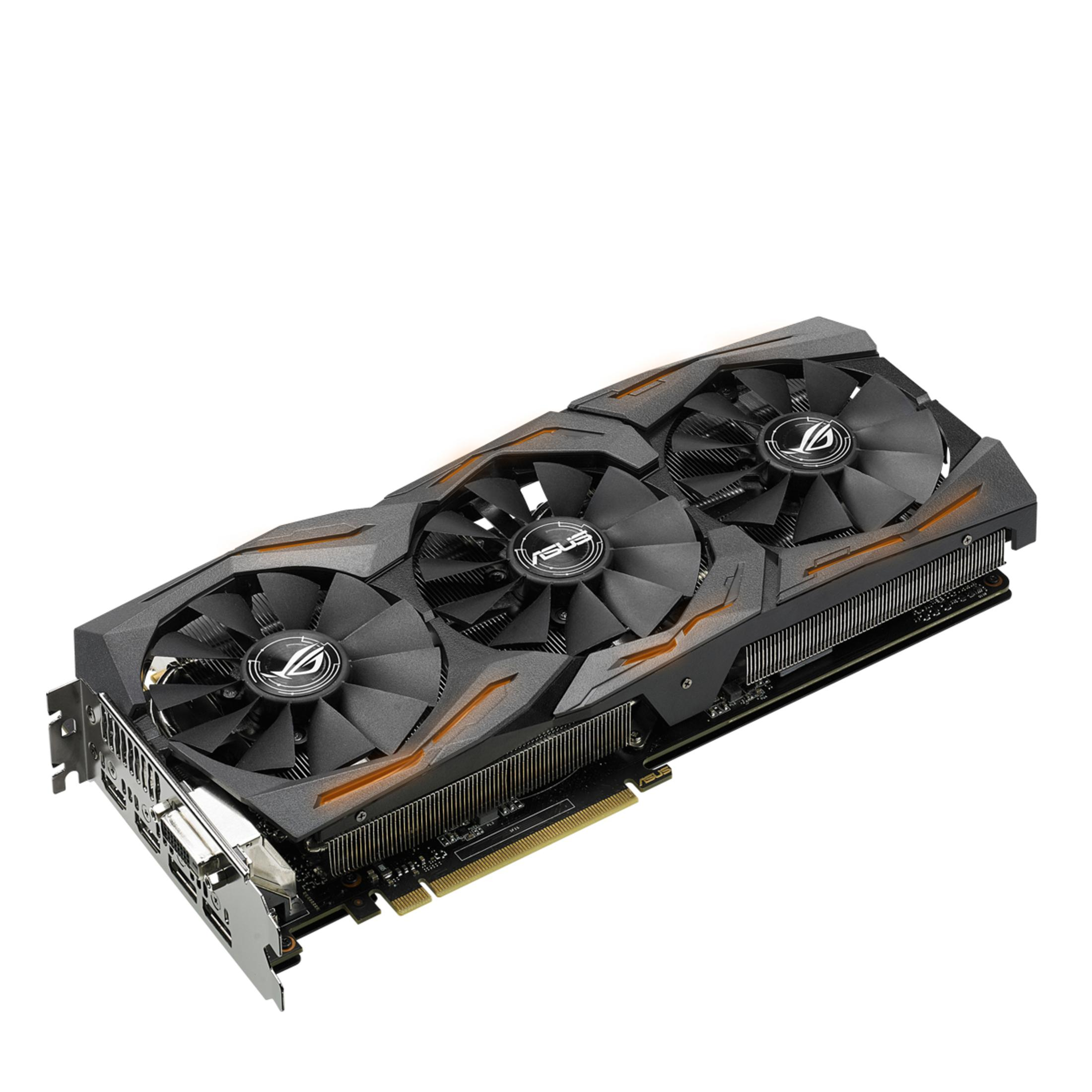 Eine schwarze und graue Asus-Grafikkarte mit drei Lüftern auf weißem Hintergrund.