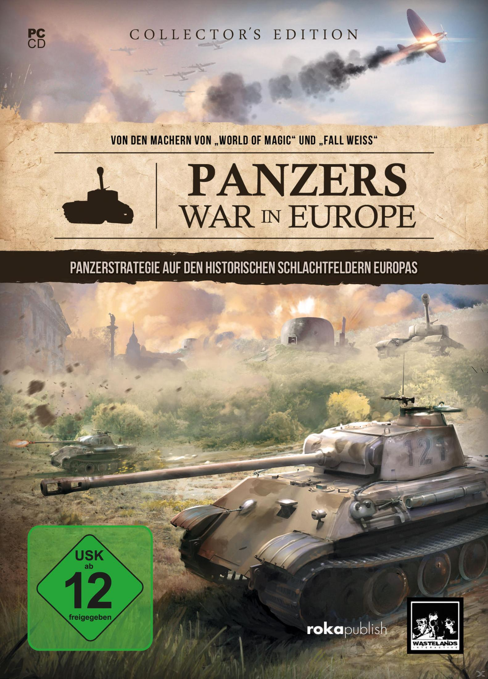 Videospiel-Box-Art für Panzer's War in Europe. Mit Panzern und Flugzeugen.
