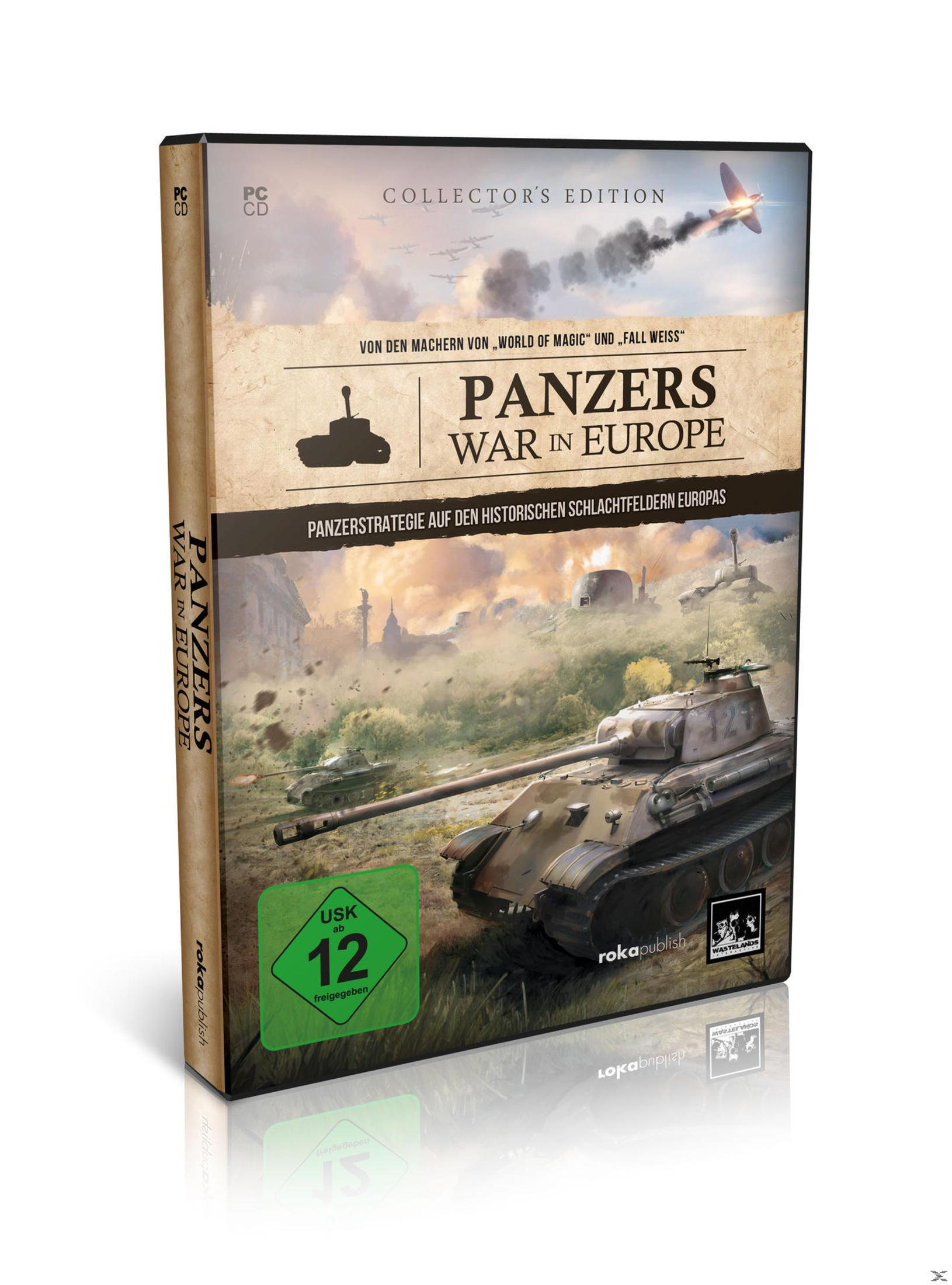 Spielbox: 'Panzers War in Europe'. Ein Panzer auf dem Cover, mit anderen Militärfahrzeugen.