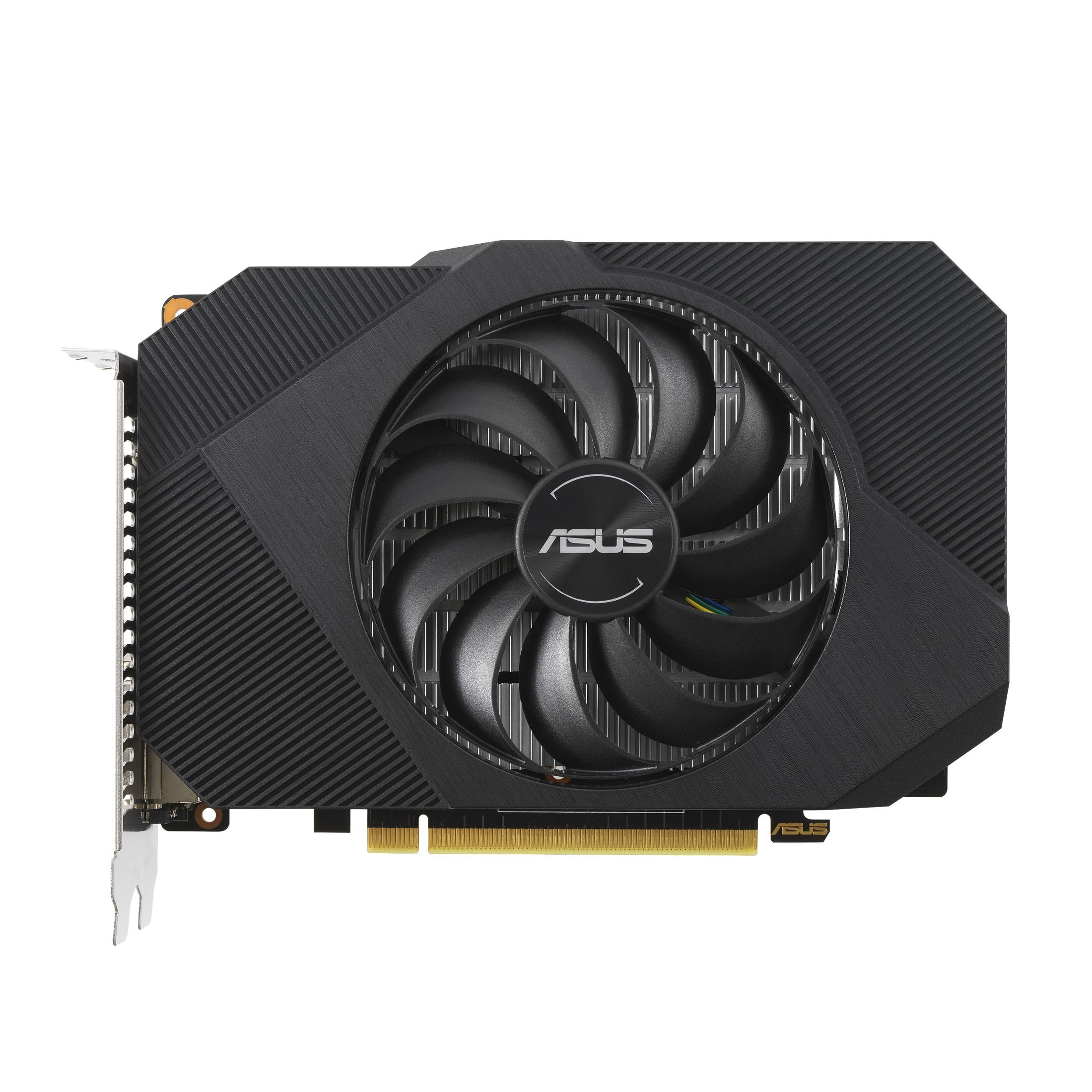 Scheda grafica nera con ventola e logo ASUS. Mostra la parte anteriore.