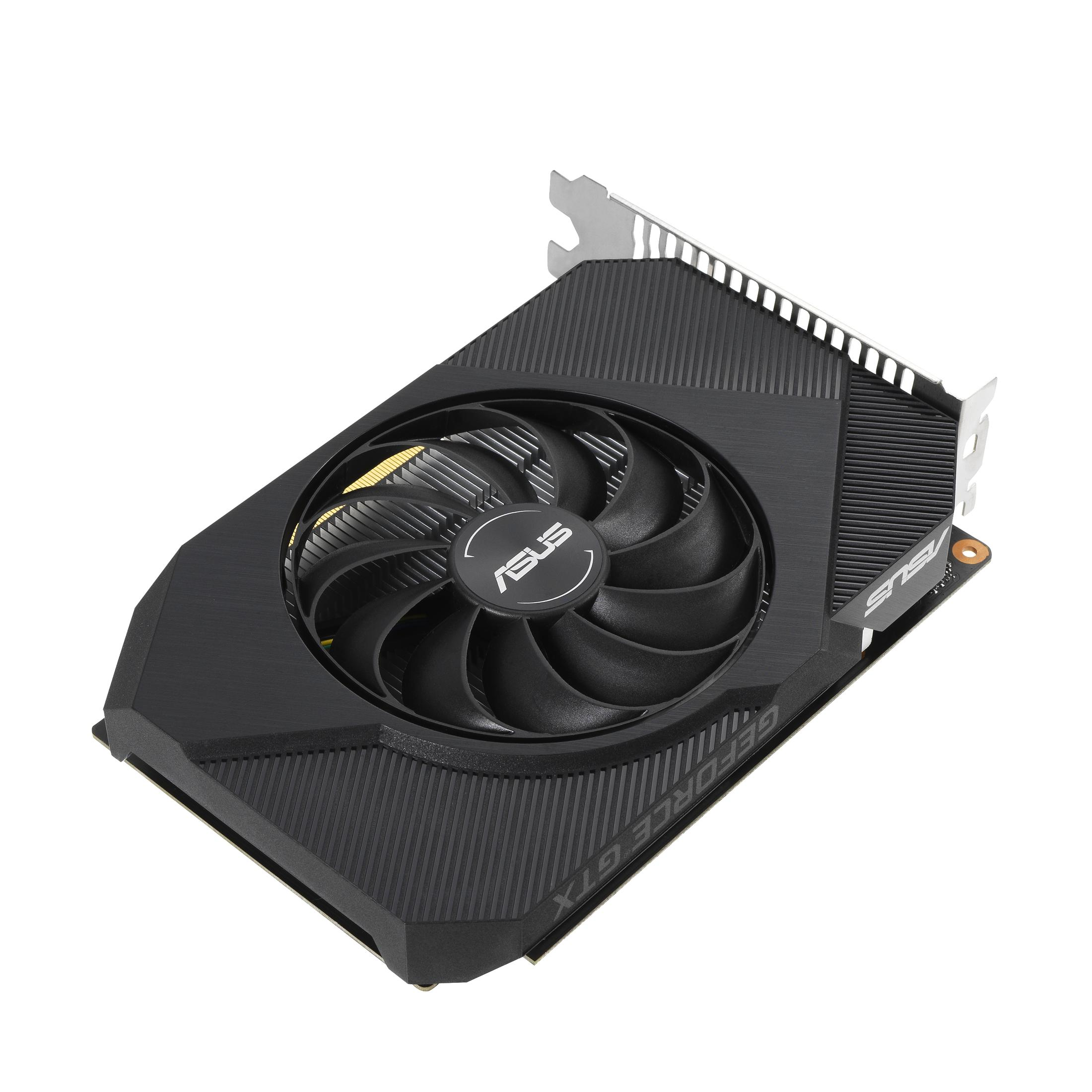 Scheda grafica Asus nera con ventola centrale, isolata su bianco.