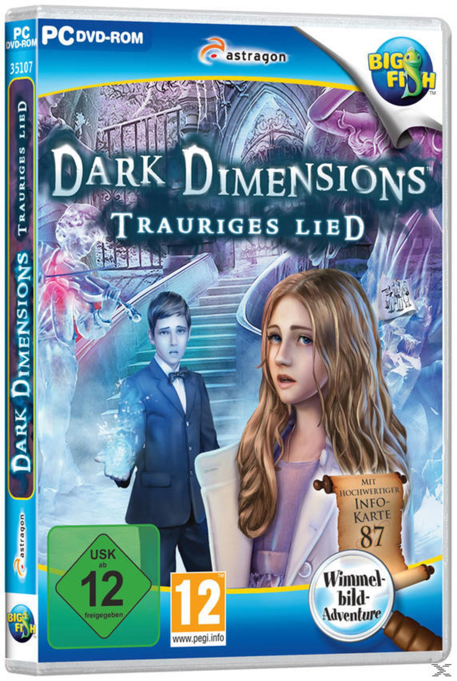 Spielbox-Art mit zwei Figuren in dunkler Umgebung, betitelt 'Dark Dimensions Trauriges Lied'.