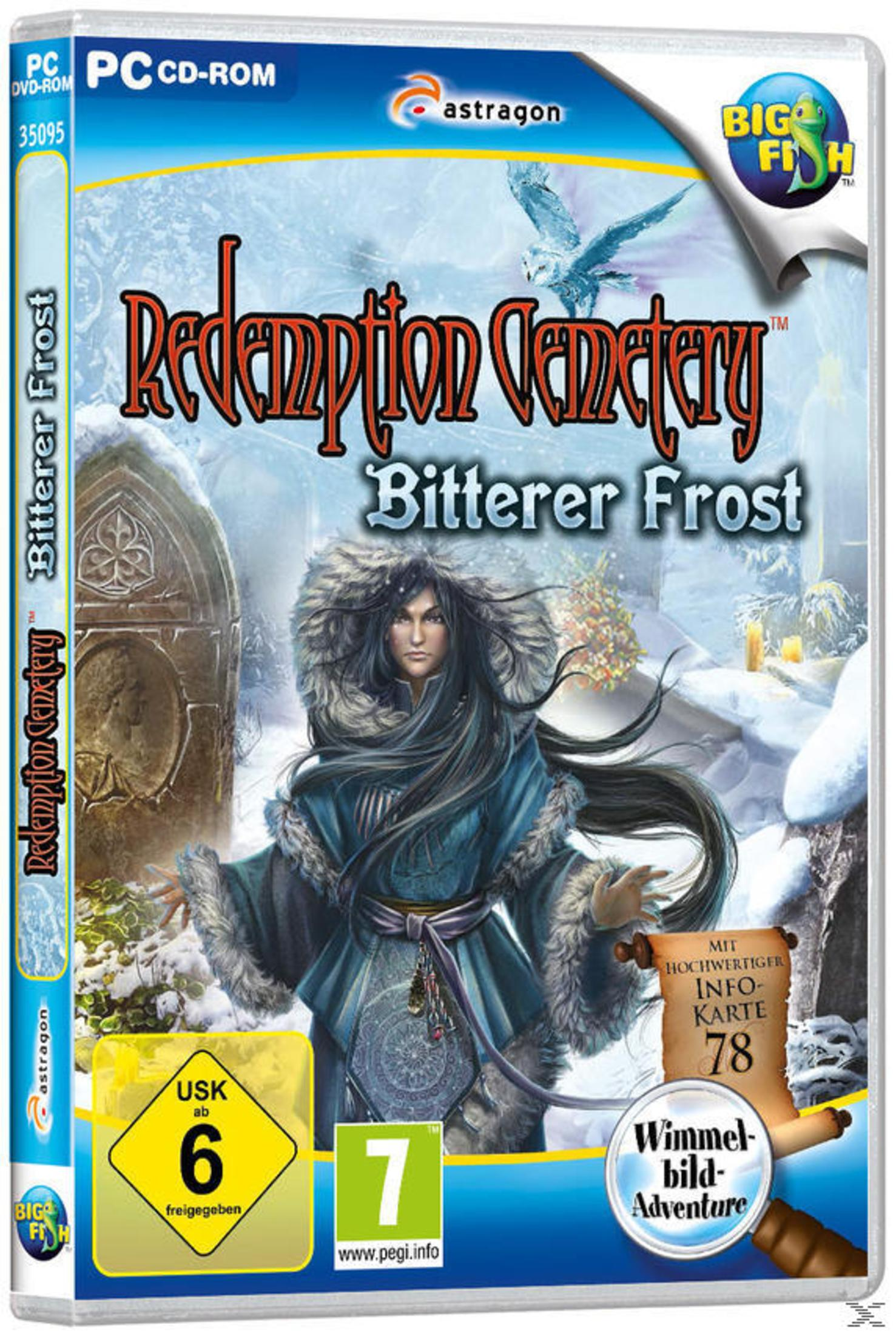 Spielbox mit dem Titel 'Redemption Cemetery'. Eine Frau in blauem Mantel ist mit schneebedecktem Hintergrund auf der Vorderseite.