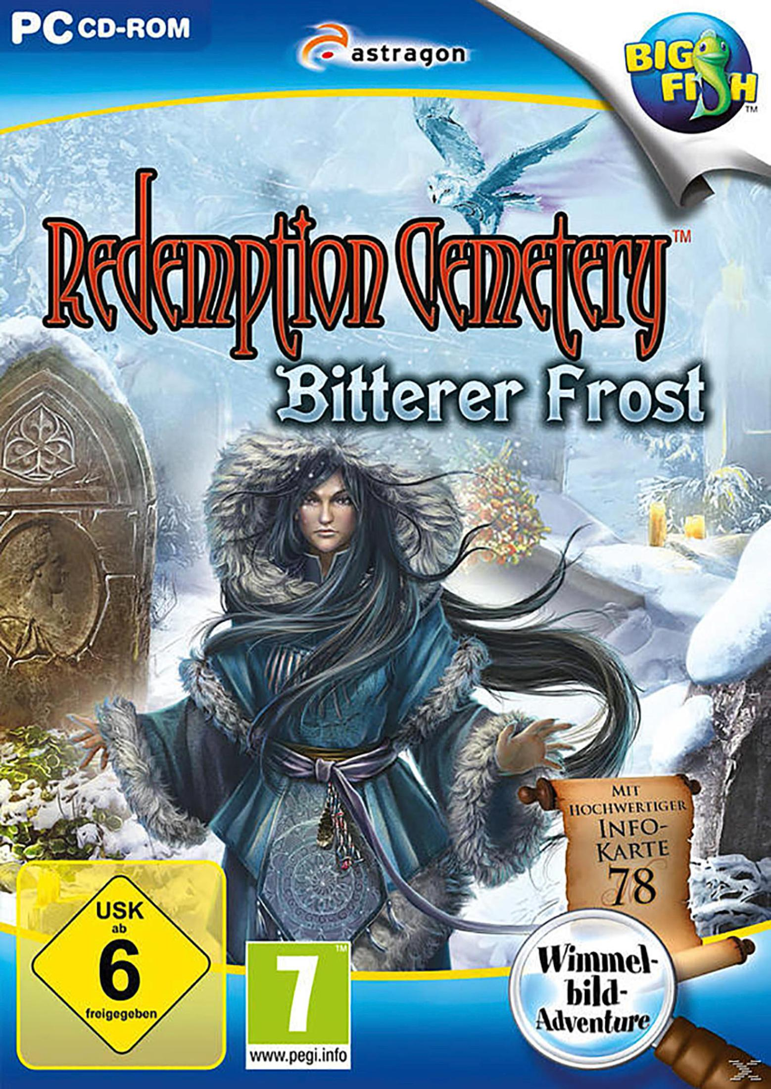 Spielcover mit einer Frau in einer verschneiten Szene, Titel: Redemption Cemetery.