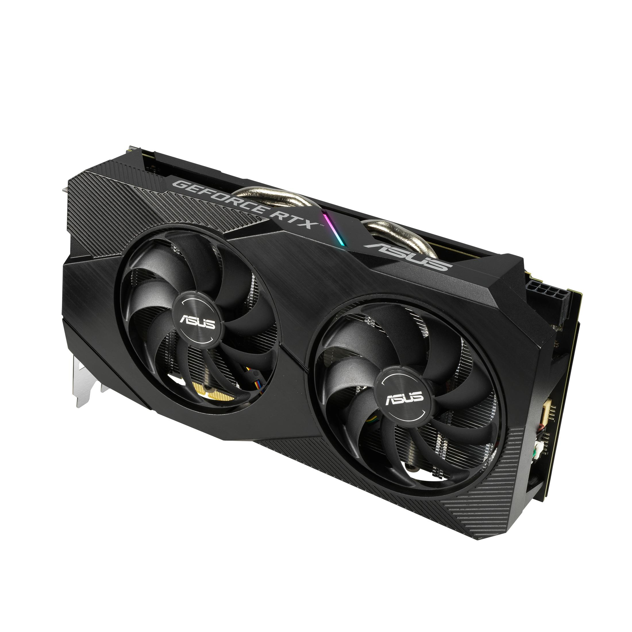 Eine schwarze ASUS Grafikkarte mit zwei Lüftern, dem GeForce RTX Logo und ASUS Branding.
