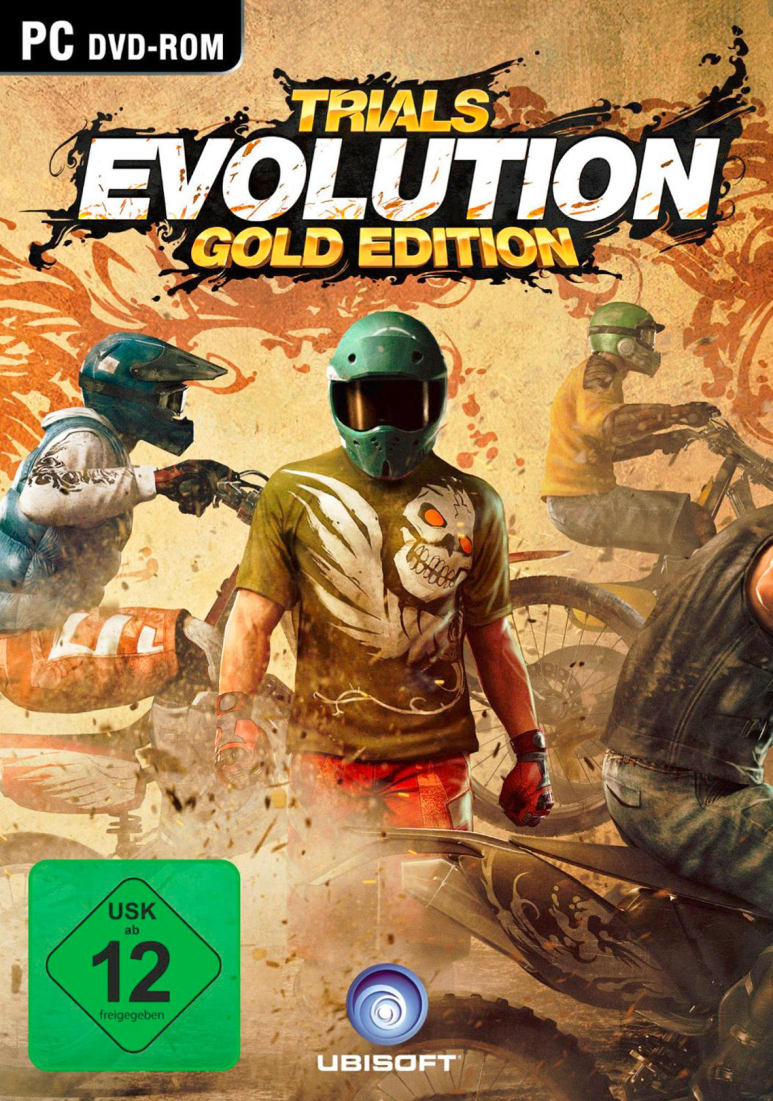 Spielcover: Trials Evolution Gold Edition. Ein Fahrer auf einem Motorrad mit Totenkopfhelm steht im Fokus.
