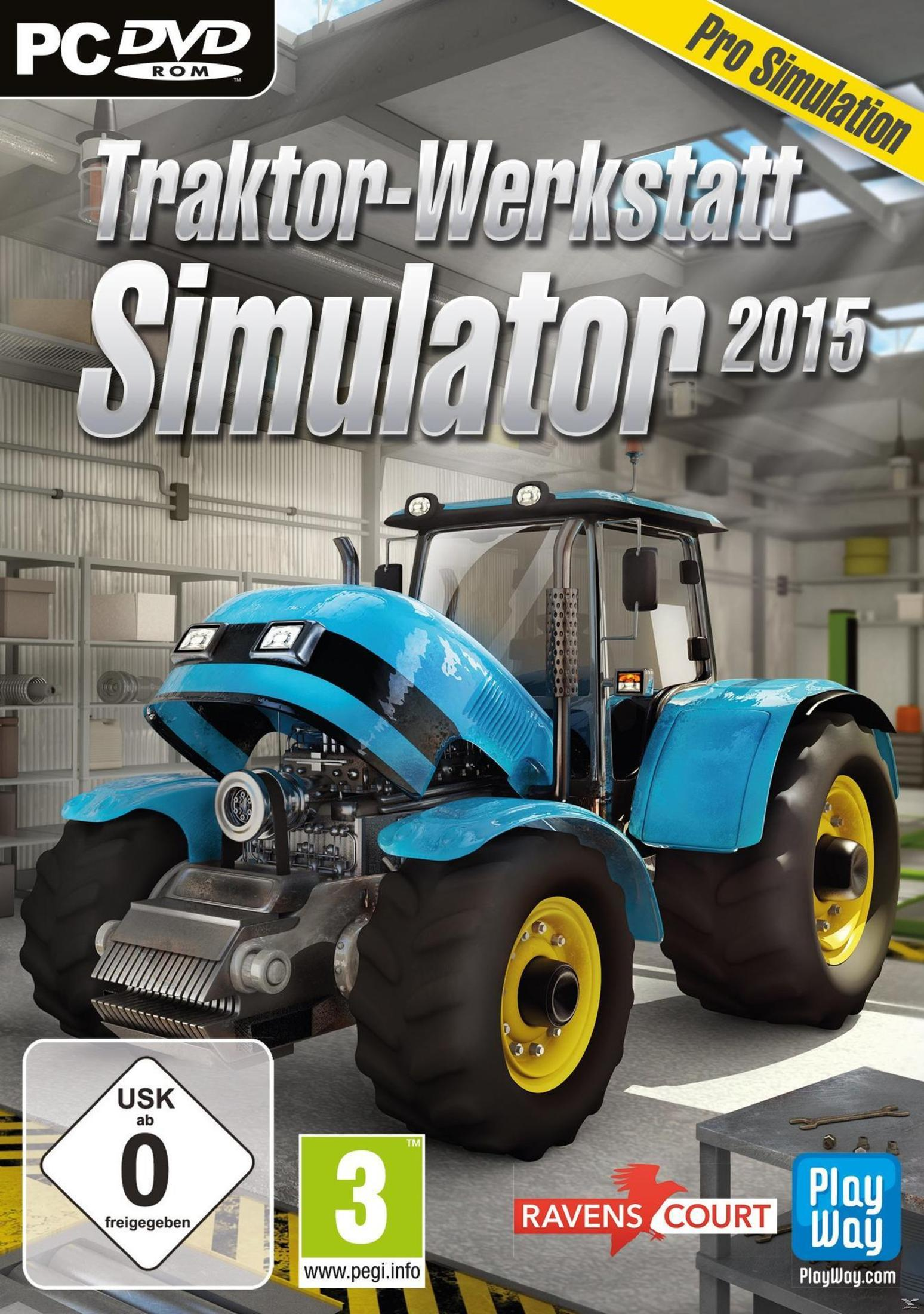 Traktor-Werkstatt Simulator 2015 Spielbox. Blauer Traktor auf dem Cover. Grüne und weiße Elemente.