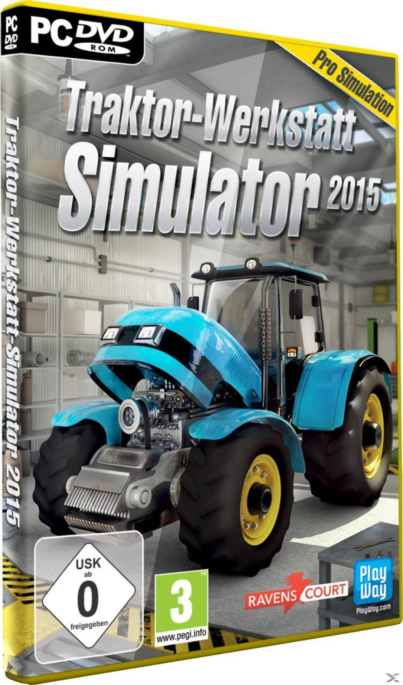 Eine Spielbox zeigt einen blauen Traktor mit offenem Motor. Text: 'Traktor-Werkstatt Simulator 2015'.