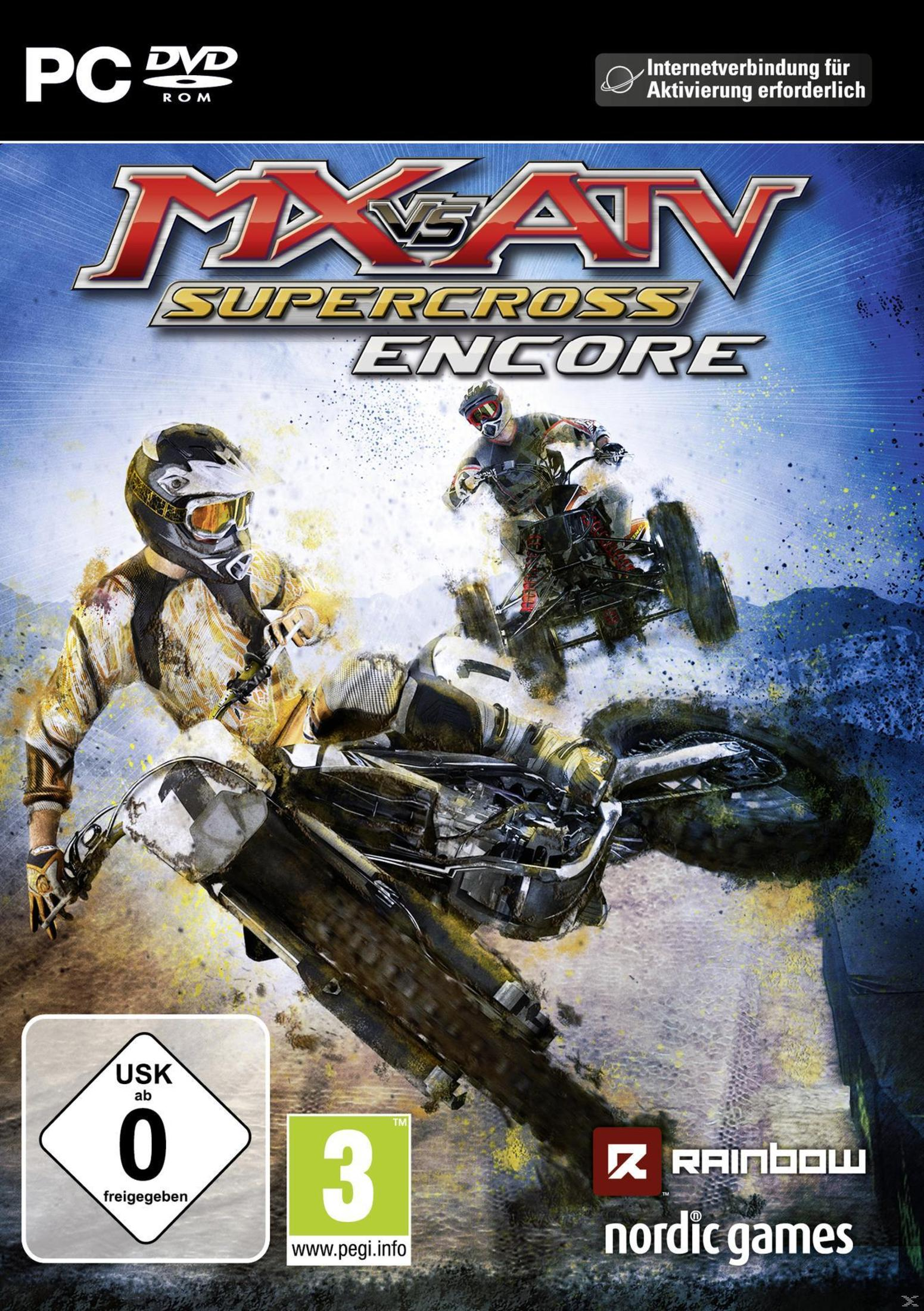 Videospiel-Cover für MX vs ATV Supercross Encore. Enthält Rennfahrer auf Motorrädern.