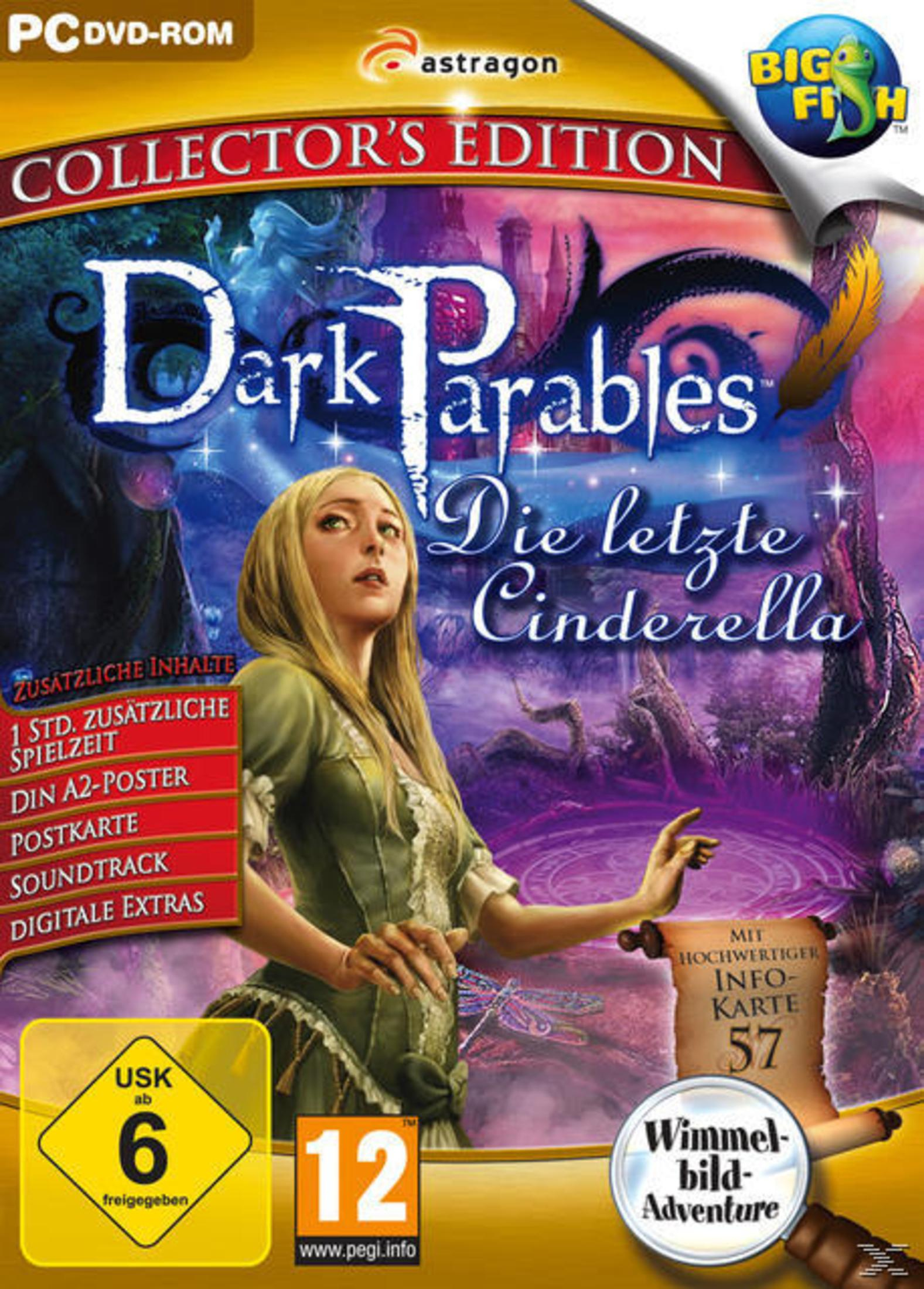 Spielcover für "Dark Parables: Die letzte Cinderella". Frau steht, Illustration mit Text.