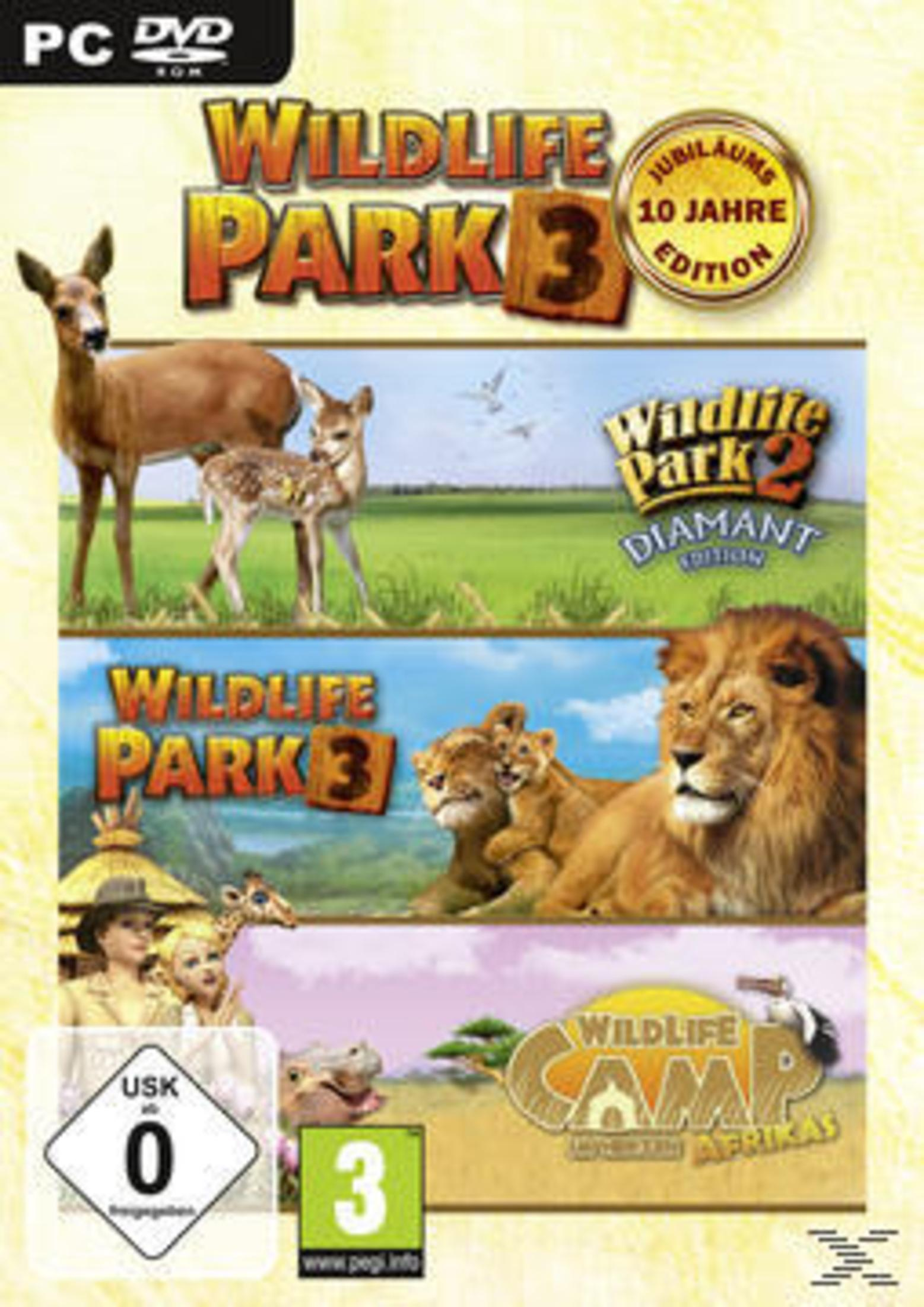 Eine Box mit drei Wildtierspielen. Die Box zeigt Bilder von verschiedenen Tieren.