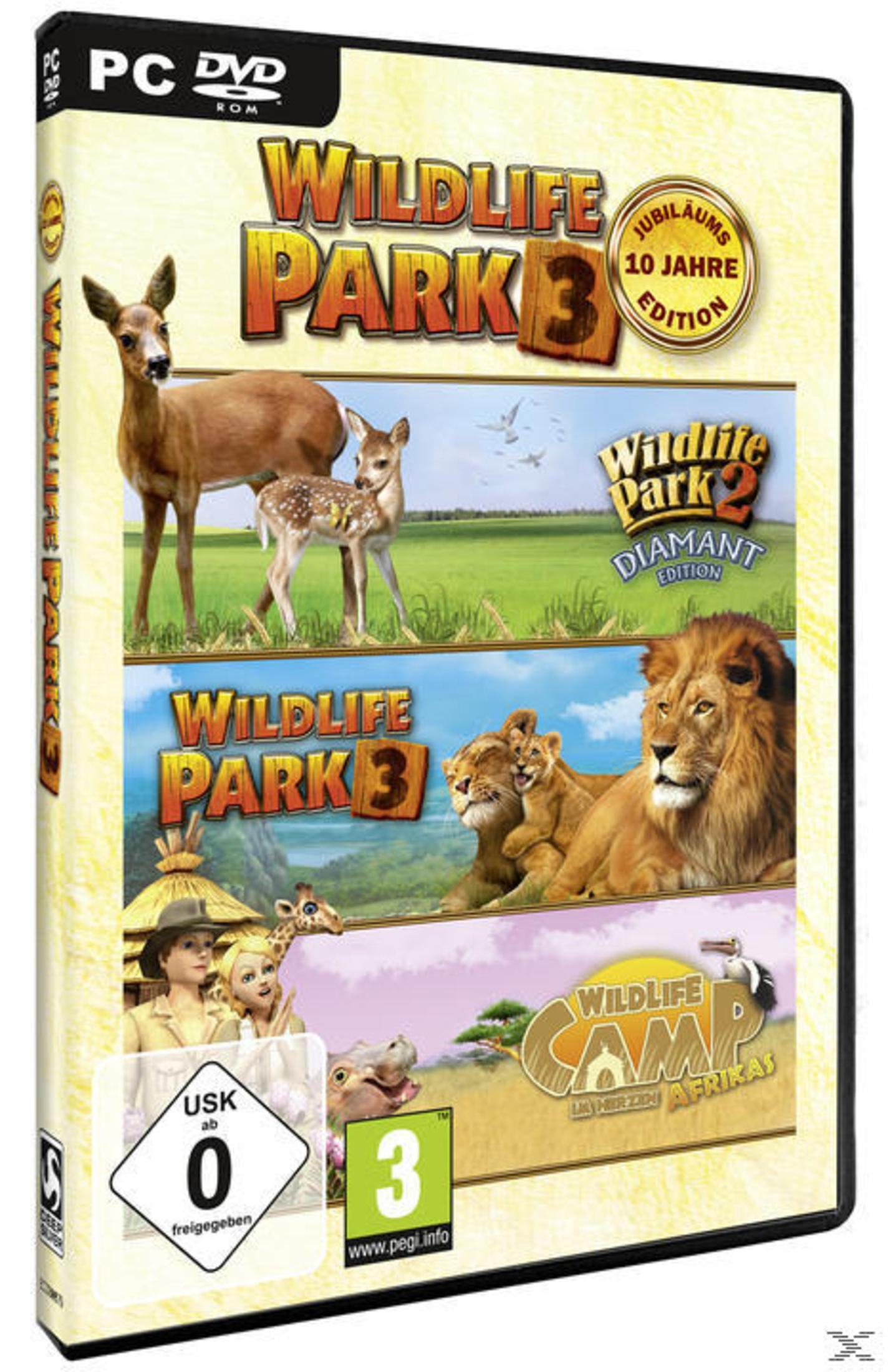 Wildlife Park 3 Spielbox. Zeigt verschiedene Tiere und den Spieletitel. Weißer Hintergrund.