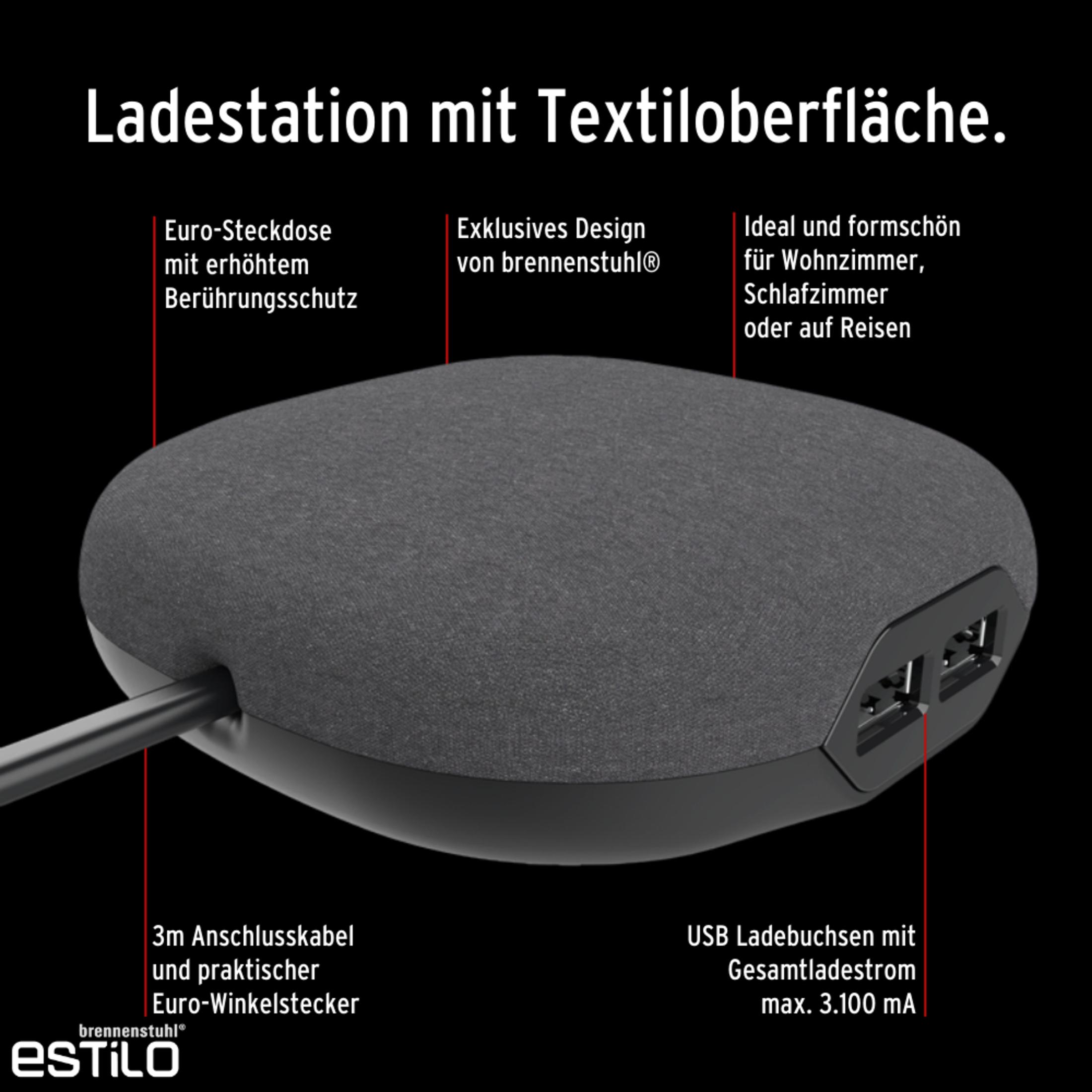 Schwarze und graue Ladestation mit Text. 'USB-Ladeanschlüsse' sind rechts gezeigt.