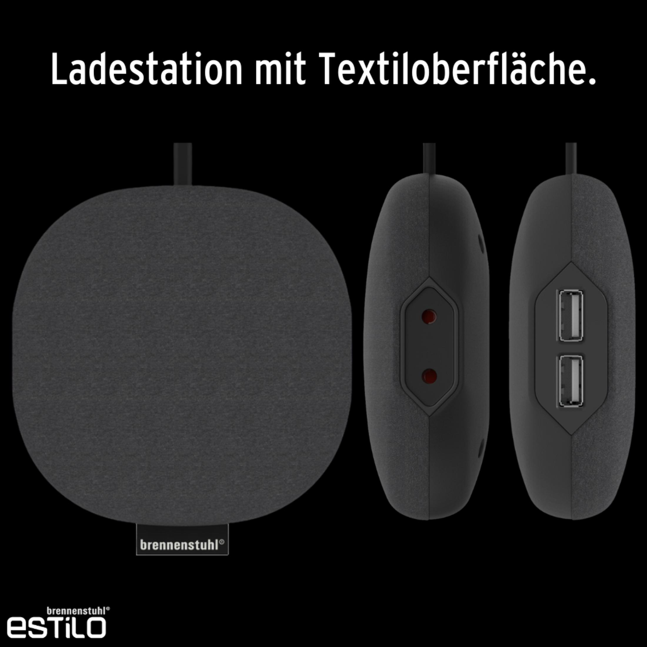 Drei Bilder: eine runde Ladestation, eine Seitenansicht mit Steckdosen, eine Seitenansicht mit USB-Anschlüssen.