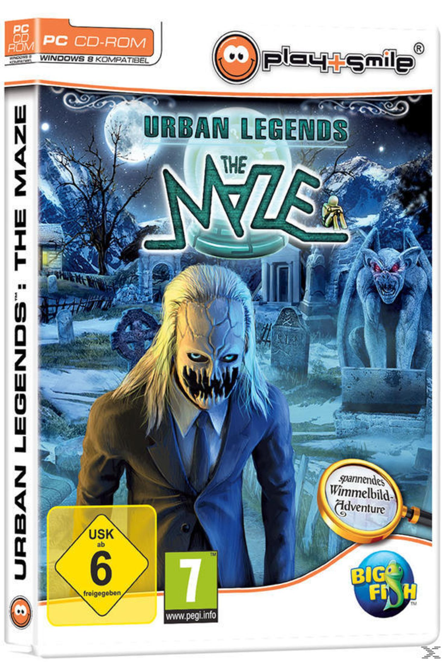 Spielbox für Urban Legends: The Maze. Es hat eine gruselige Figur und eine Friedhofsszene.