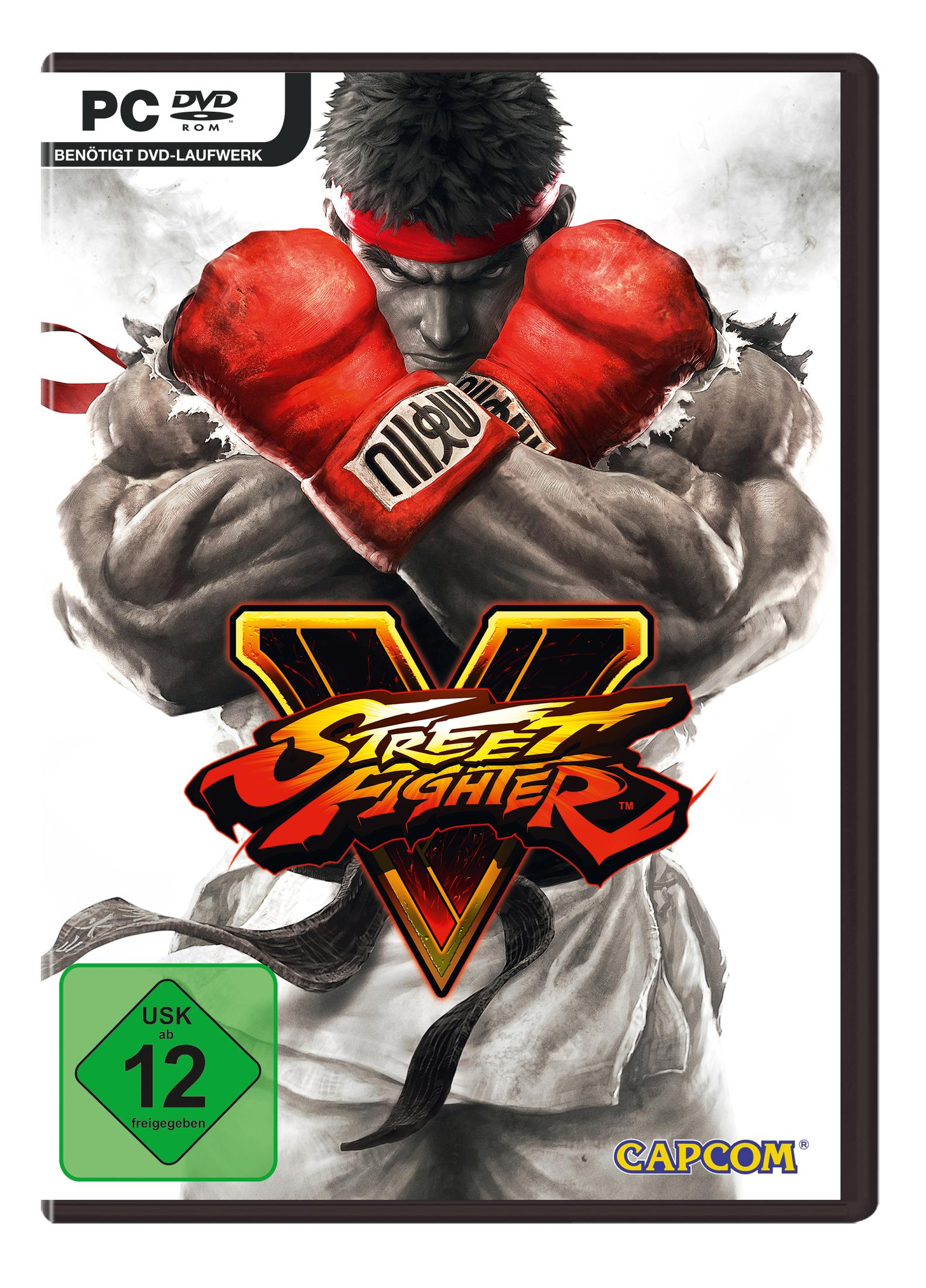 Street Fighter V-Spielbox. Ryu steht im Zentrum mit gekreuzten roten Handschuhen.