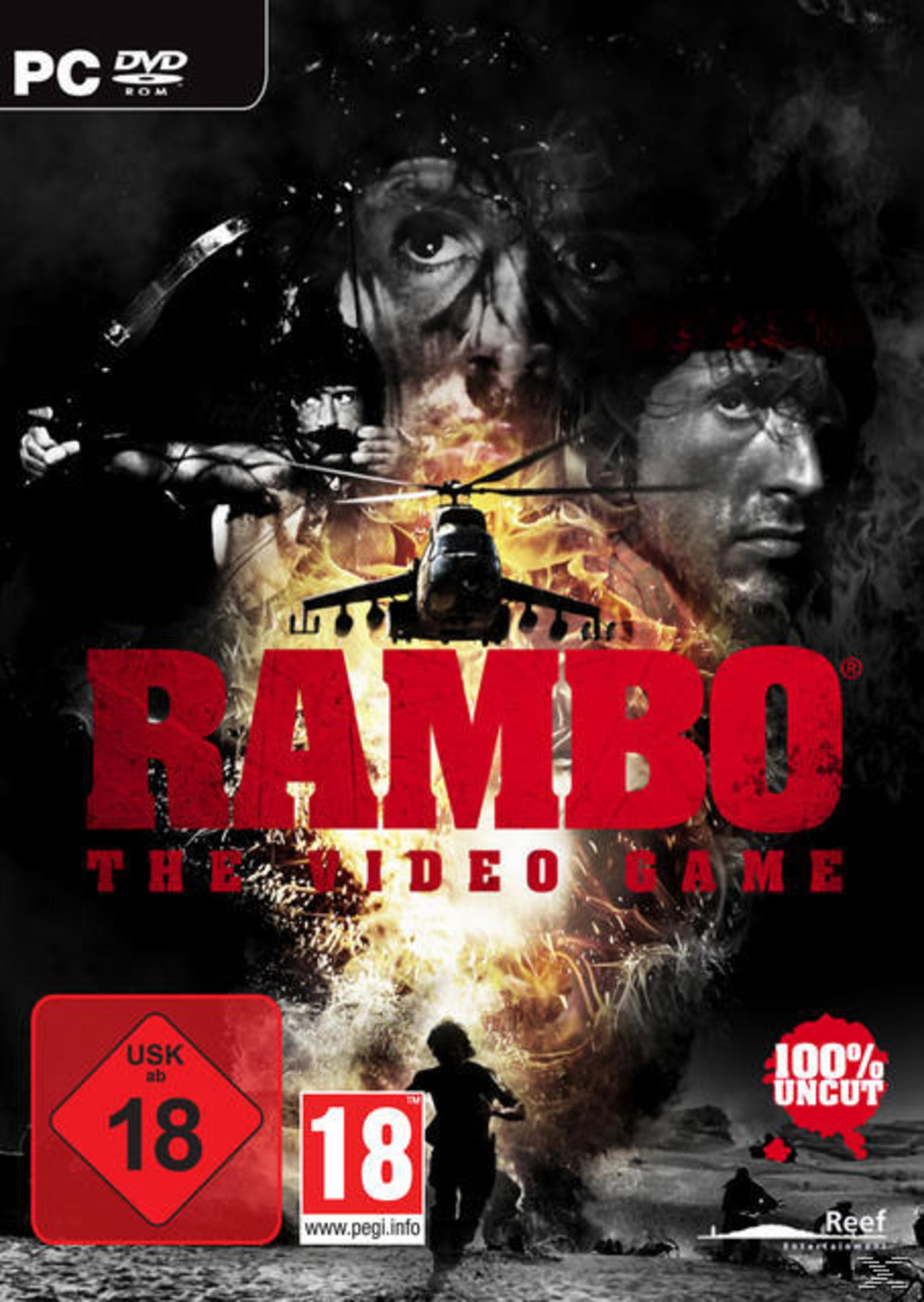 Okładka filmu Rambo: The Video Game. Sylvester Stallone jako Rambo, z eksplozjami, helikopterem i krwią.