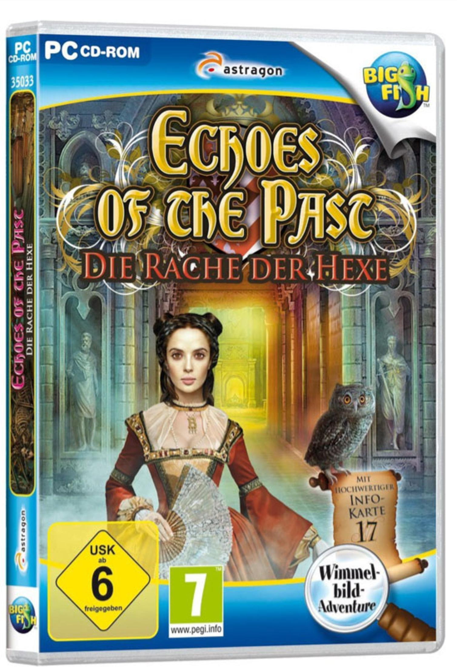 Spiel-Cover: Frau in rotem Kleid, Eule und Schriftrolle. Titel: Echoes of the Past: Die Rache der Hexe.