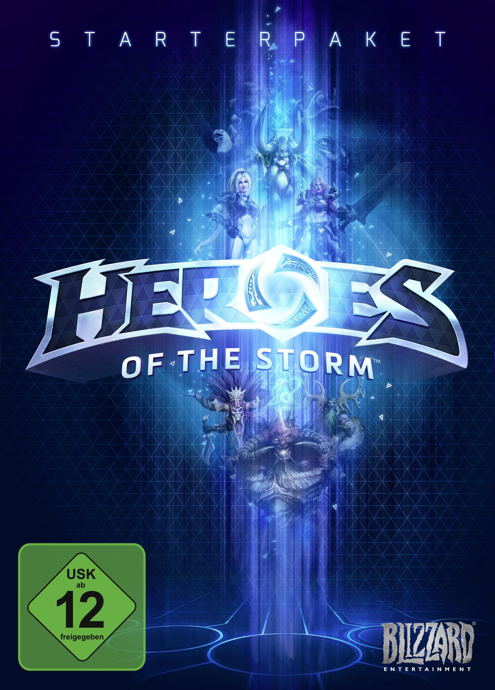 Spielcover für Heroes of the Storm, mit Charakteren auf blauem Hintergrund.
