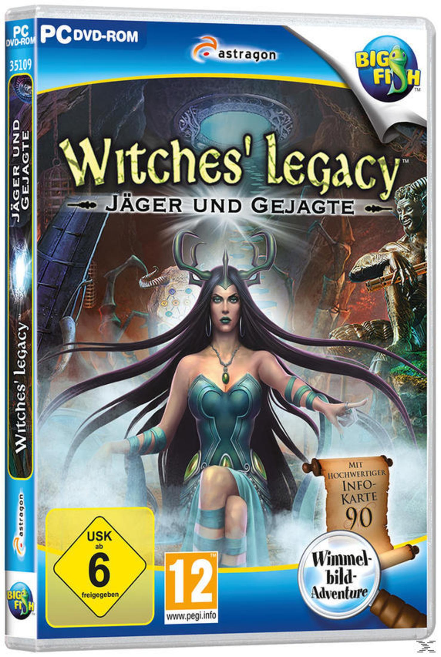 Spielbox mit einer Frau mit Geweih, Titel 'Witches' Legacy'. Ein Hexen-Themen-Spiel-Cover.