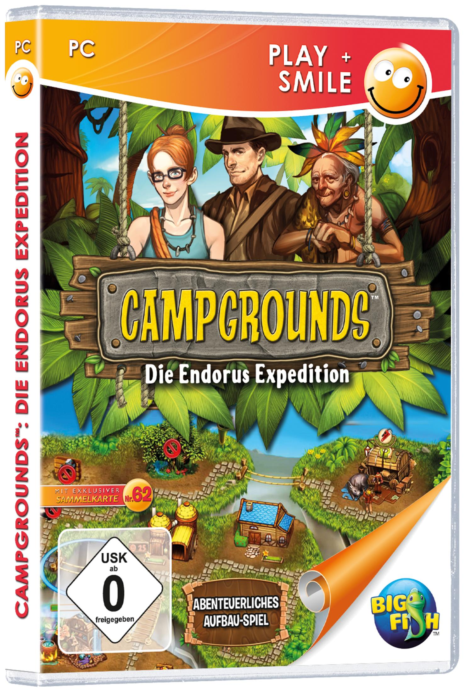 PC-Spiel-Box-Art. Enthält drei Charaktere in einer Dschungelszene mit dem Titel: 'CAMPGROUNDS: Die Endorus Expedition'.