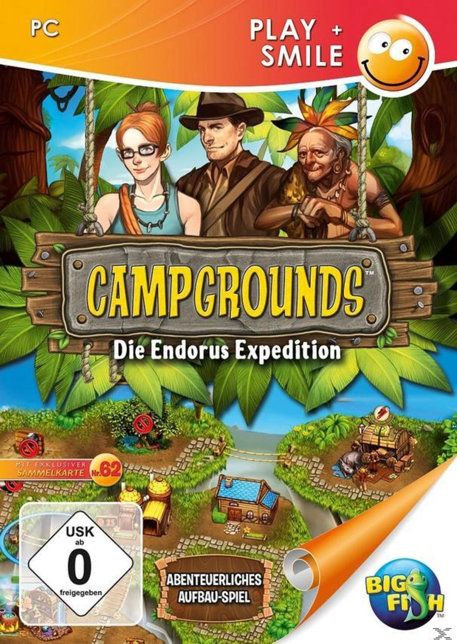 Spielbox-Art: Charaktere über einem Schild mit der Aufschrift „CAMPGROUNDS“. Szene unten rechts.