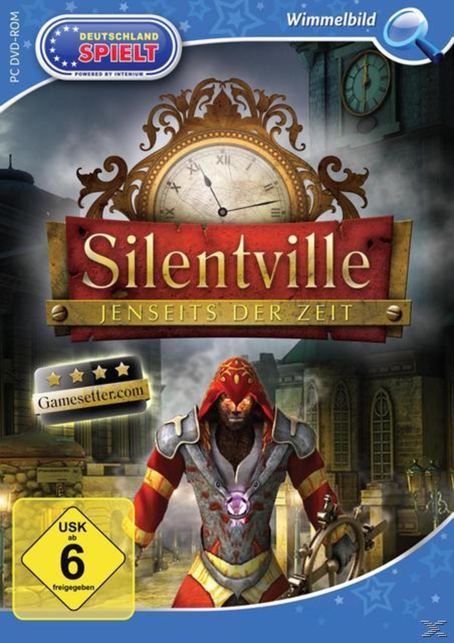 Silentville Spielbox. Bild des Spielcovers mit Uhr und Figur in Rot.