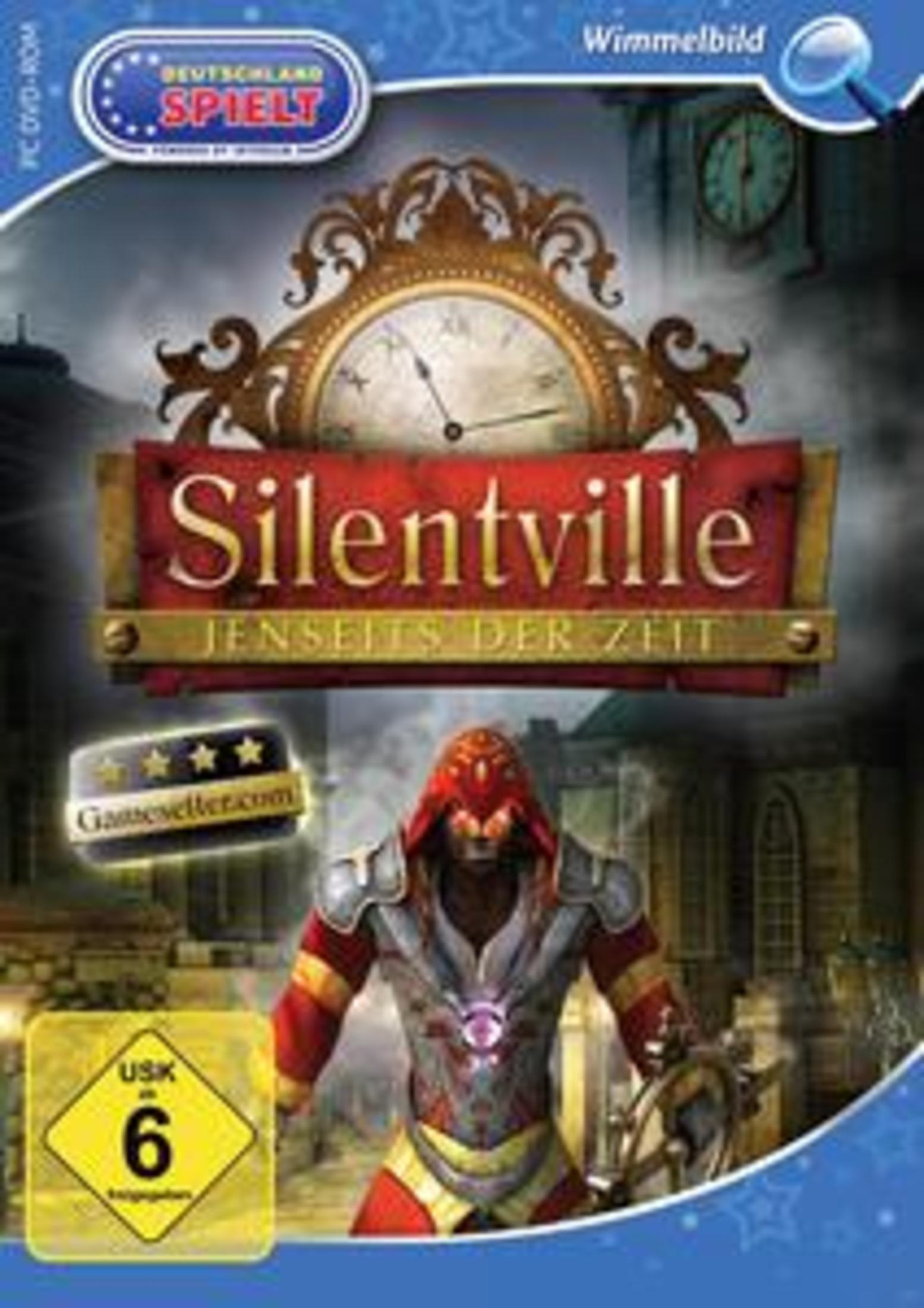 Spielverpackung für Silentville mit Fantasy-Ritter und Uhrturm im Hintergrund.