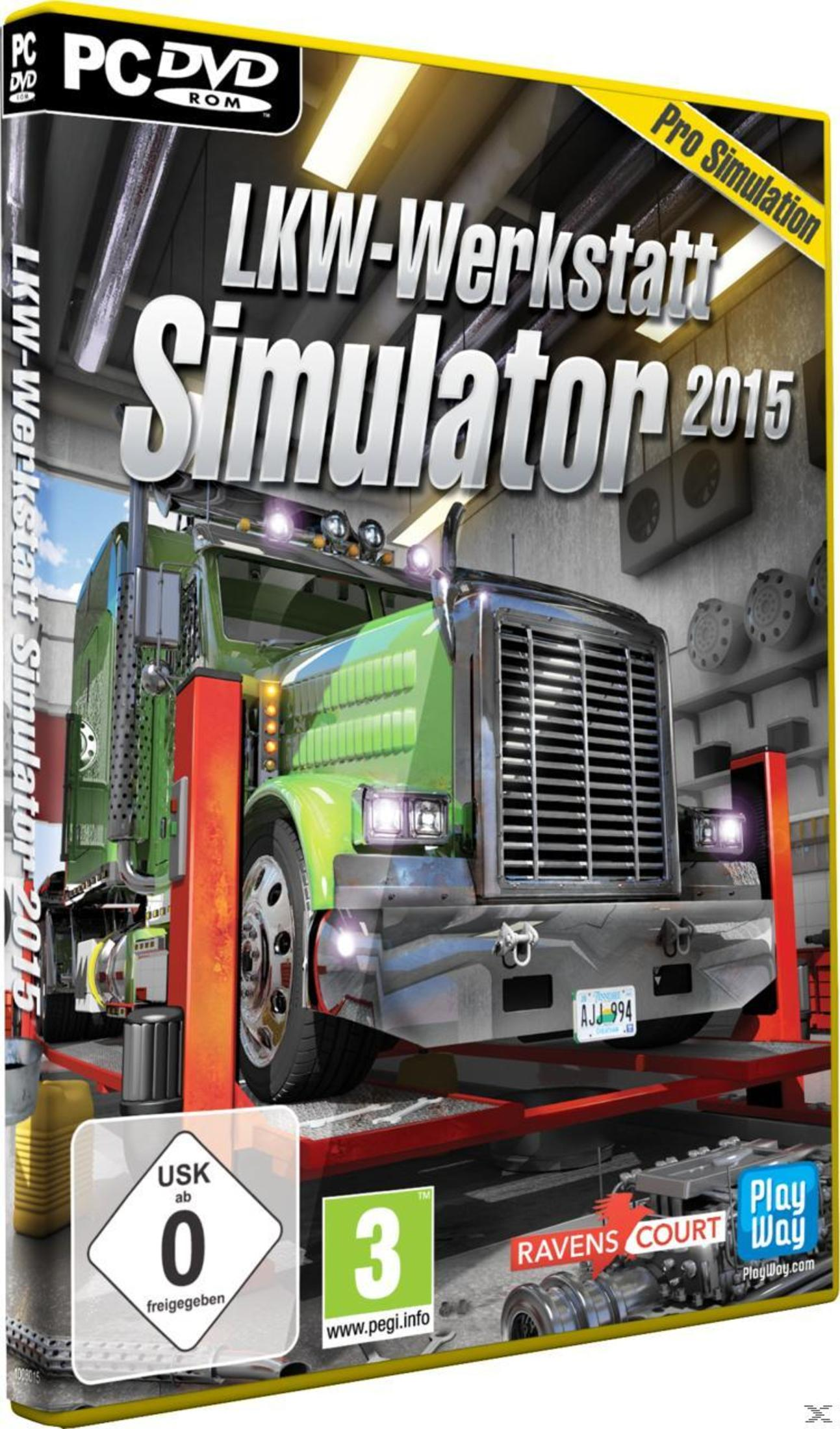Spielverpackung für LKW-Werkstatt Simulator 2015, ein LKW wird bearbeitet.