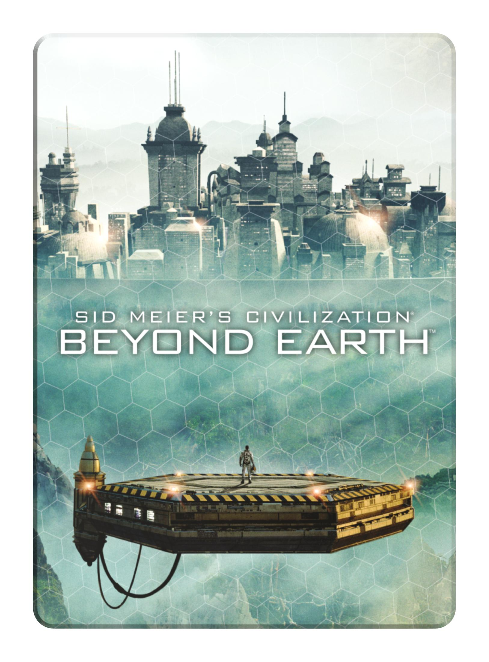 Sid Meier's Civilization: Beyond Earth Spielbox. Eine futuristische Stadt wird gezeigt.