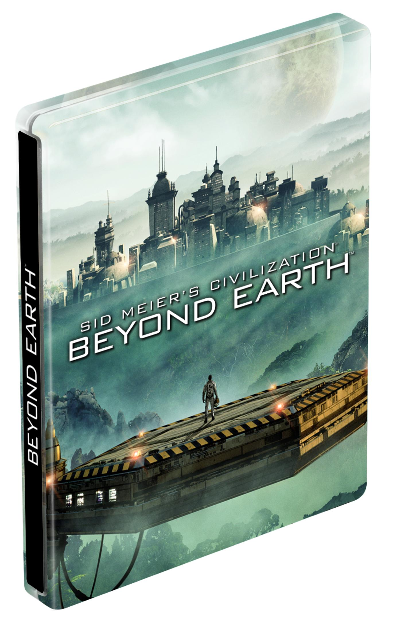 Sid Meier's Civilization: Beyond Earth Spielcover. Futuristisches Stadt- und Landschaft. Weißer Hintergrund.