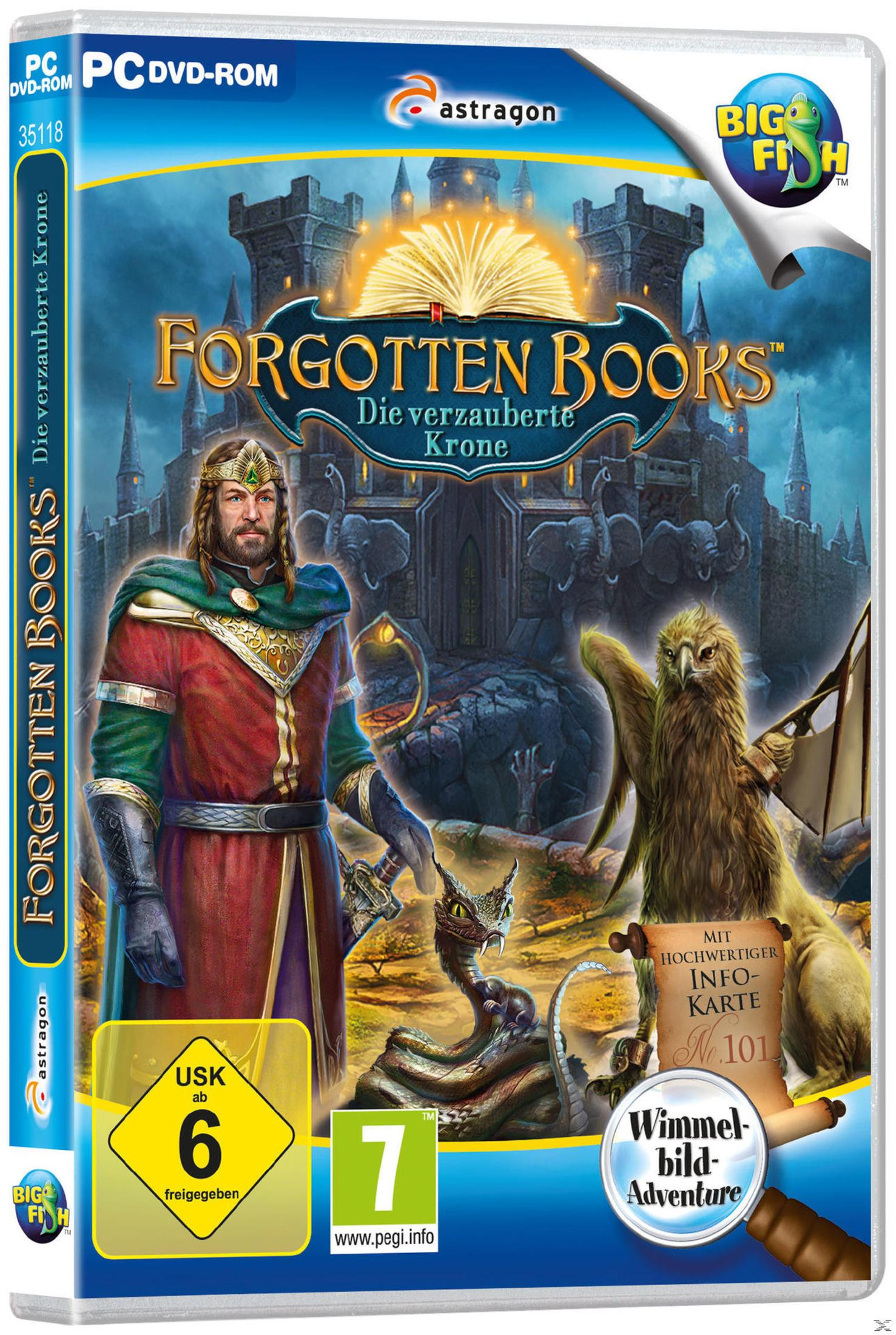 Spielbox: Forgotten Books. Ein Mann mit Krone, ein Schloss und ein Vogel sind sichtbar.