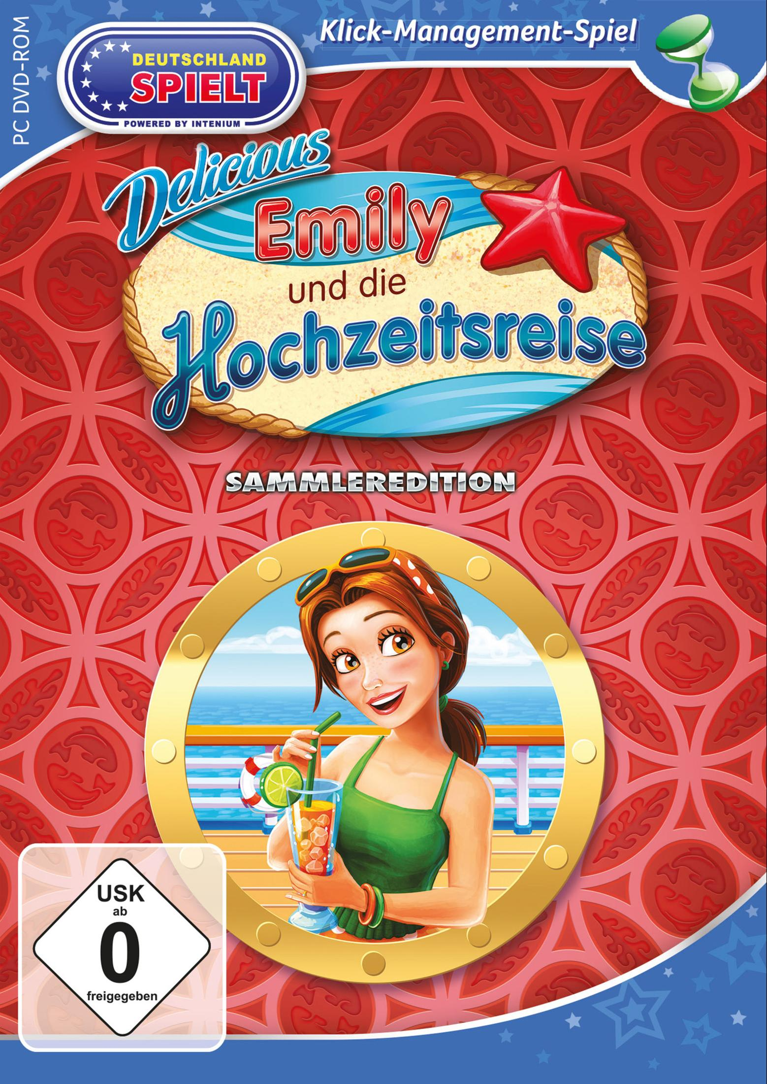 Spielbox mit einer Frau auf einem Kreuzfahrtschiff, Titel 'Delicious Emily und die Hochzeitsreise'.