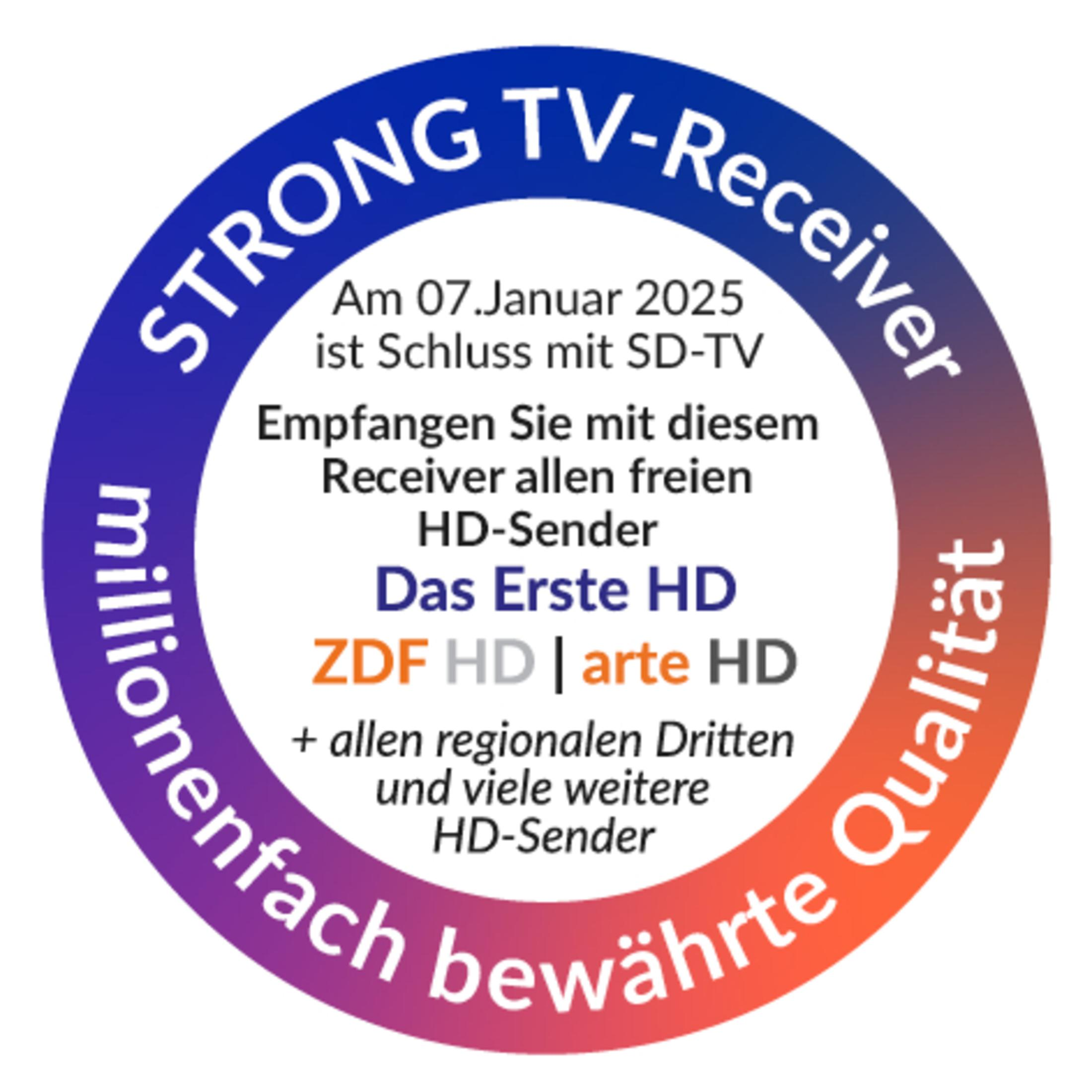 Rundes Logo, orange und lila. Text: STRONG TV-Receiver, HD-Sender, ZDF HD | arte HD, und mehr.