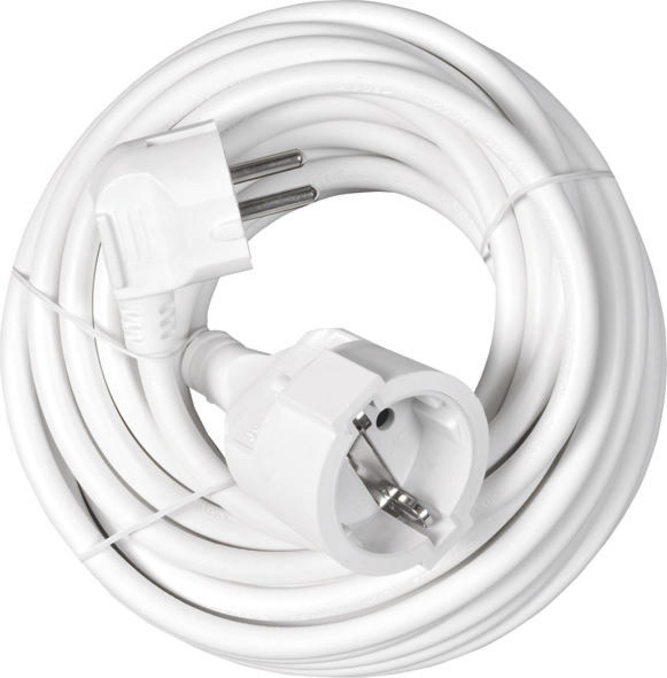 Gerollte weiße Verlängerungsschnur mit Stecker und Kupplung. Die Stecker sind weiß.