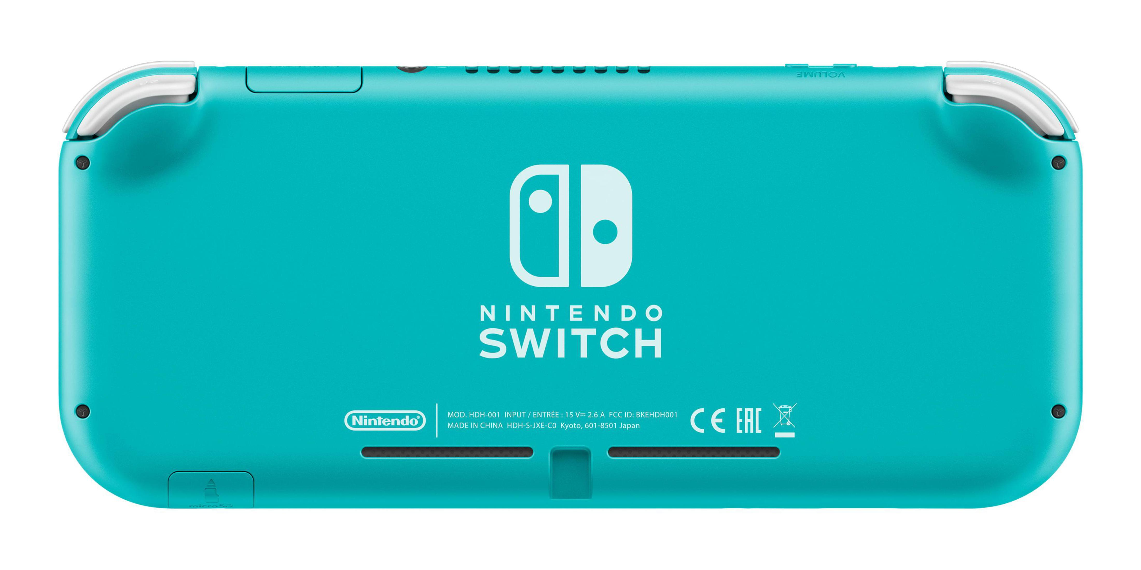 Turquoise Nintendo Switch-console met het Nintendo-logo. De achtergrond is wit.
