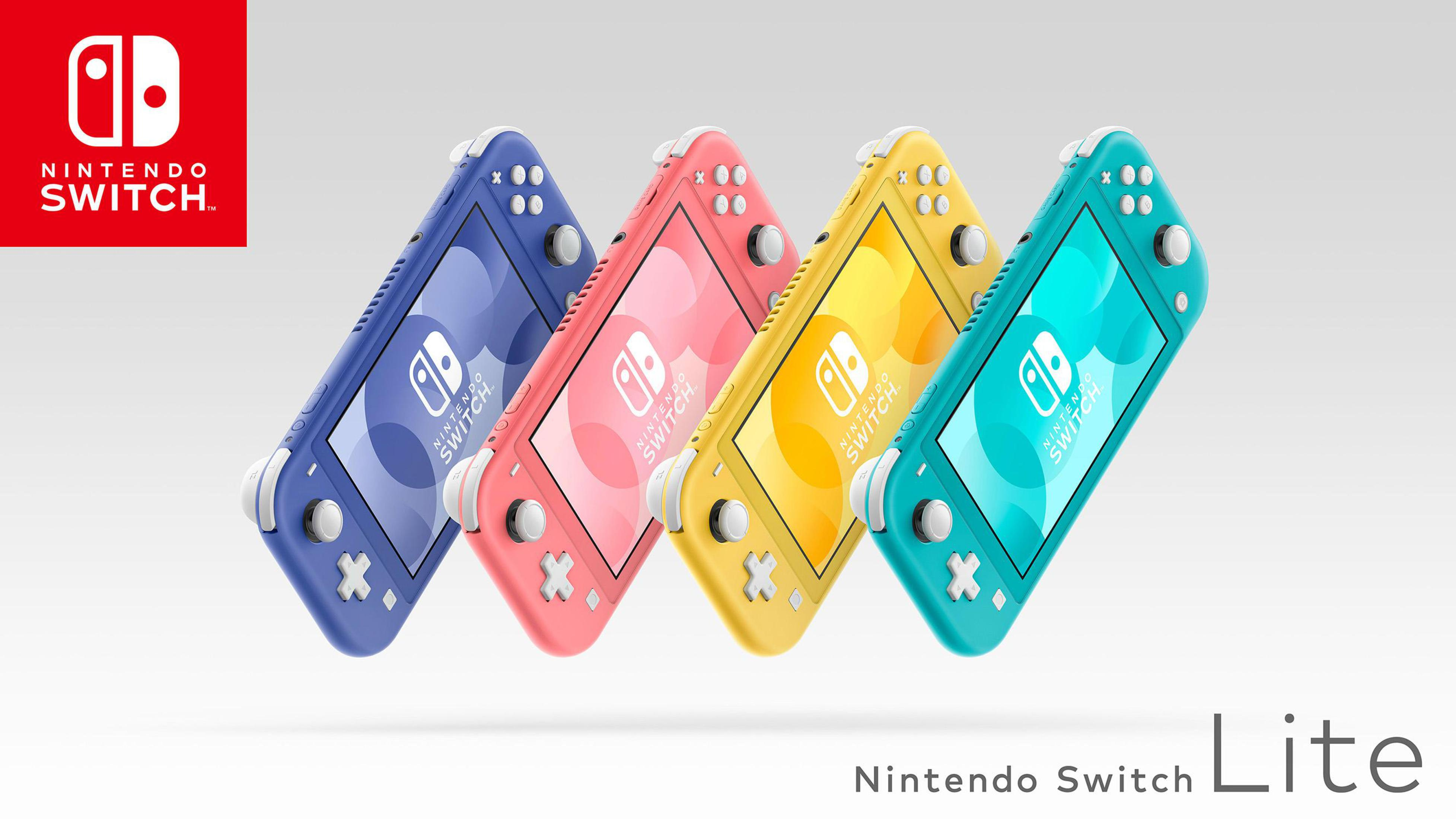 Vier Nintendo Switch Lite-consoles in verschillende kleuren. Het logo en de tekst staan op de achtergrond.