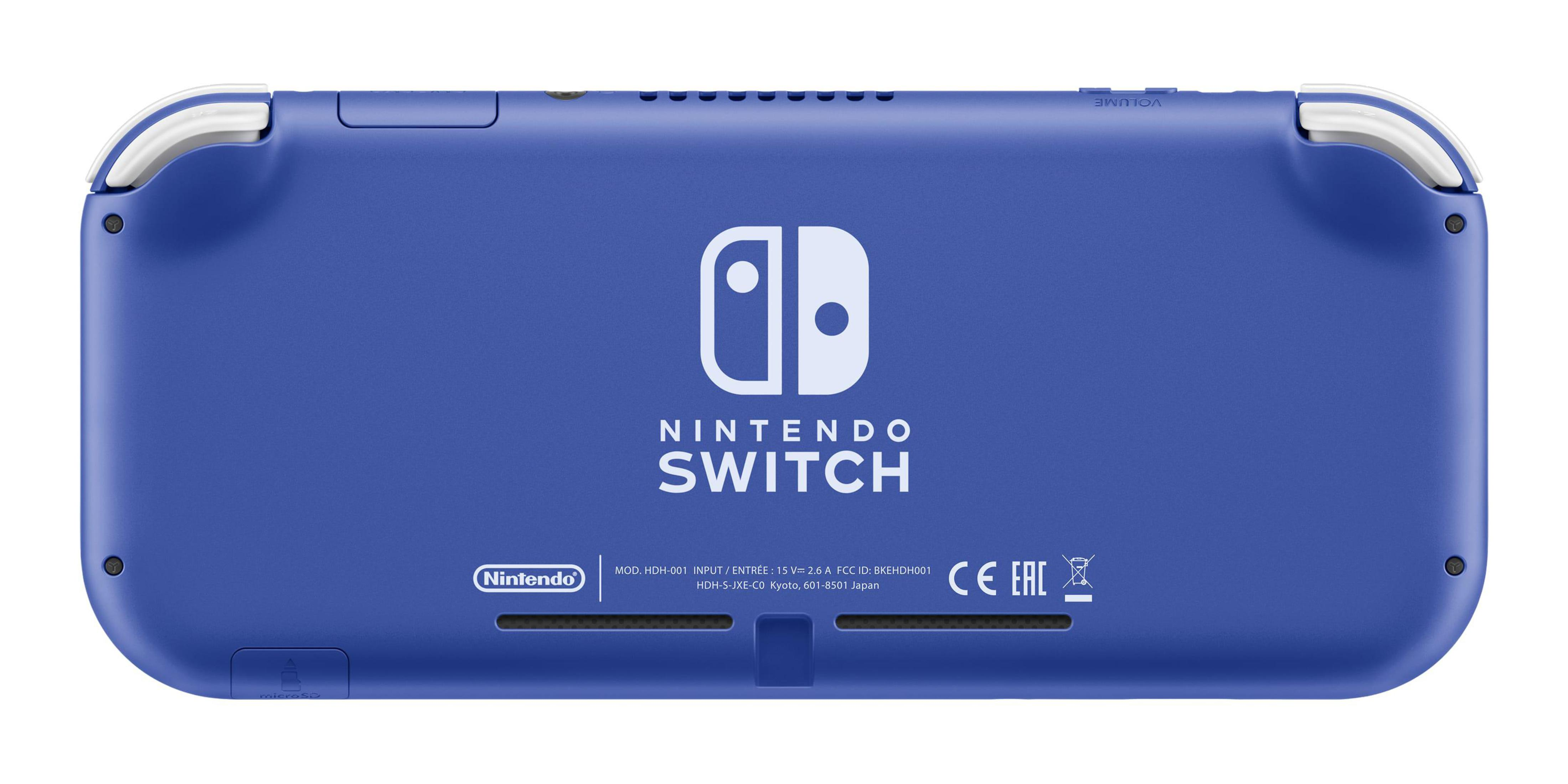 Niebieski Nintendo Switch Lite, widok z tyłu, z logo Nintendo, białe tło.