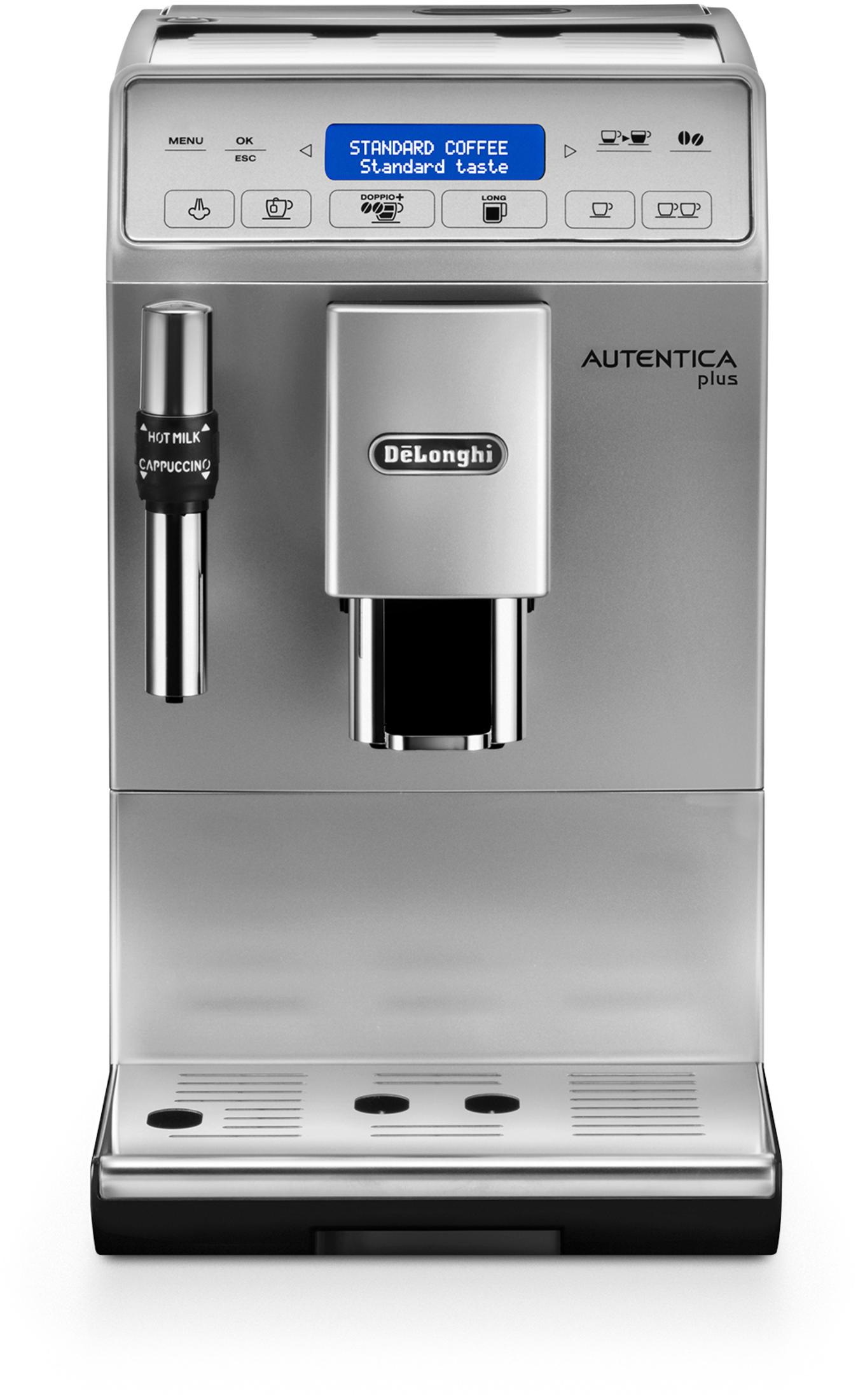 Zilveren DeLonghi koffiemachine, vooraanzicht.