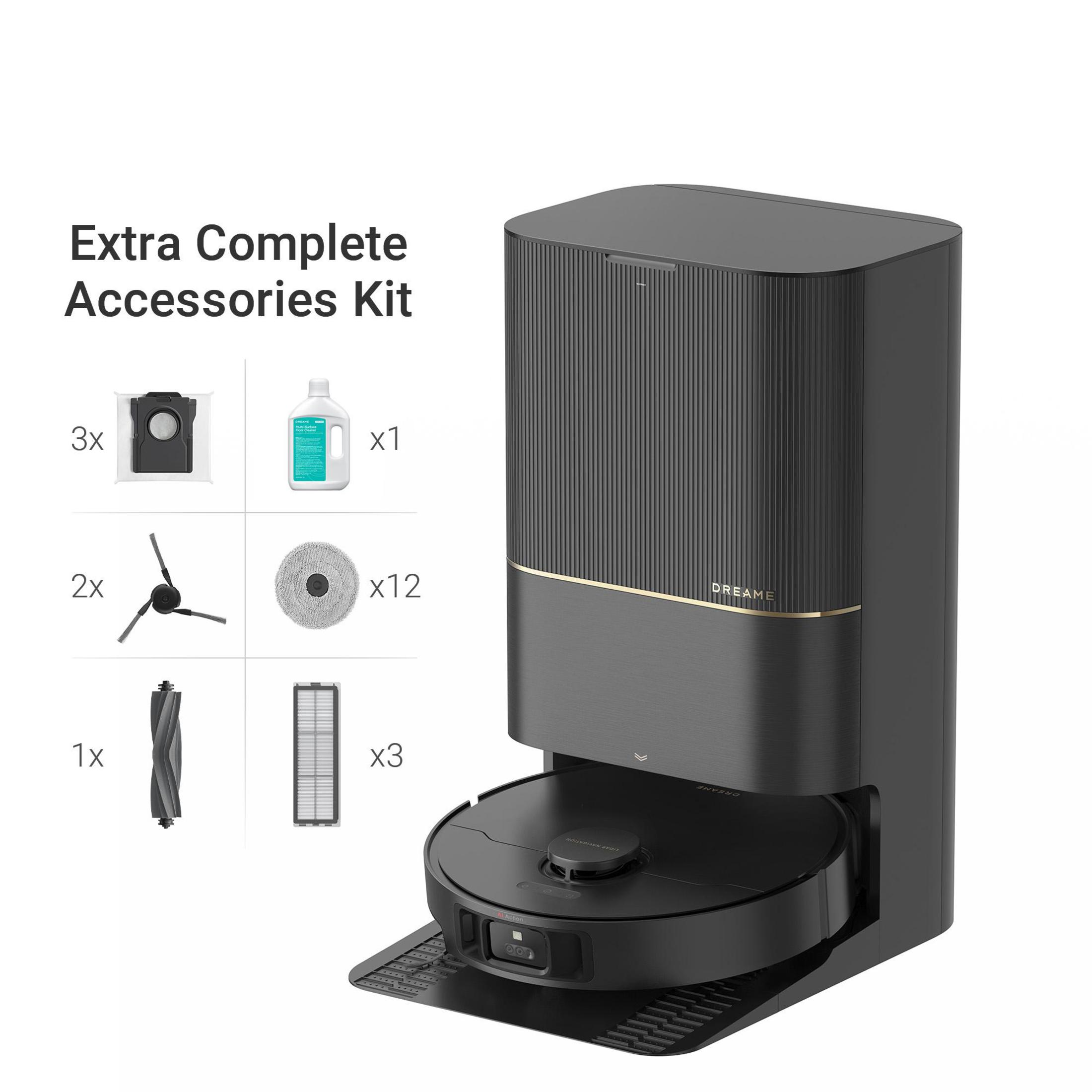 Odkurzacz robot i akcesoria: filtr, szczotka, roztwór czyszczący, białe tło.