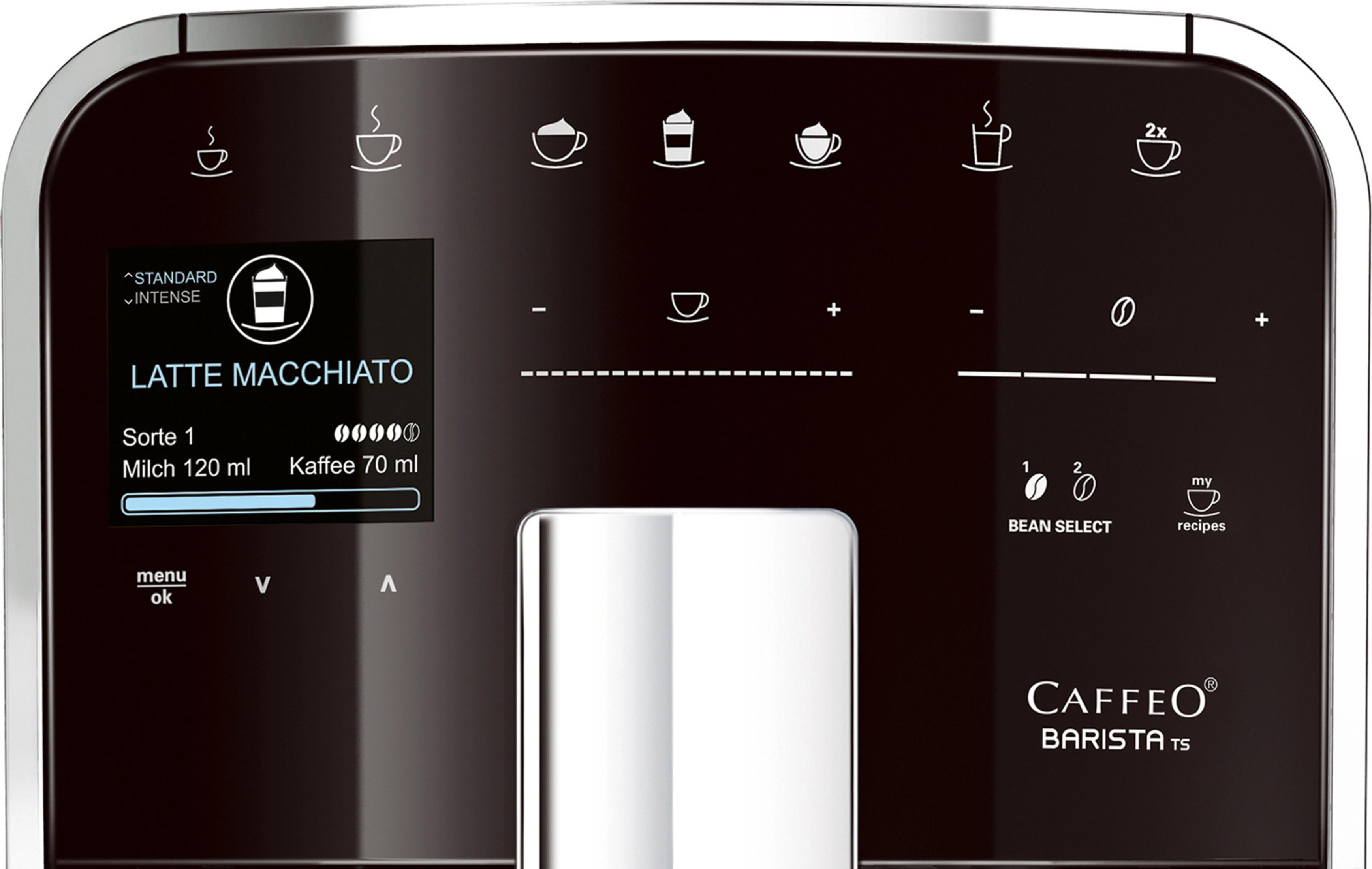 Zbliżenie panelu sterowania ekspresu do kawy, pokazujące różne opcje napojów.