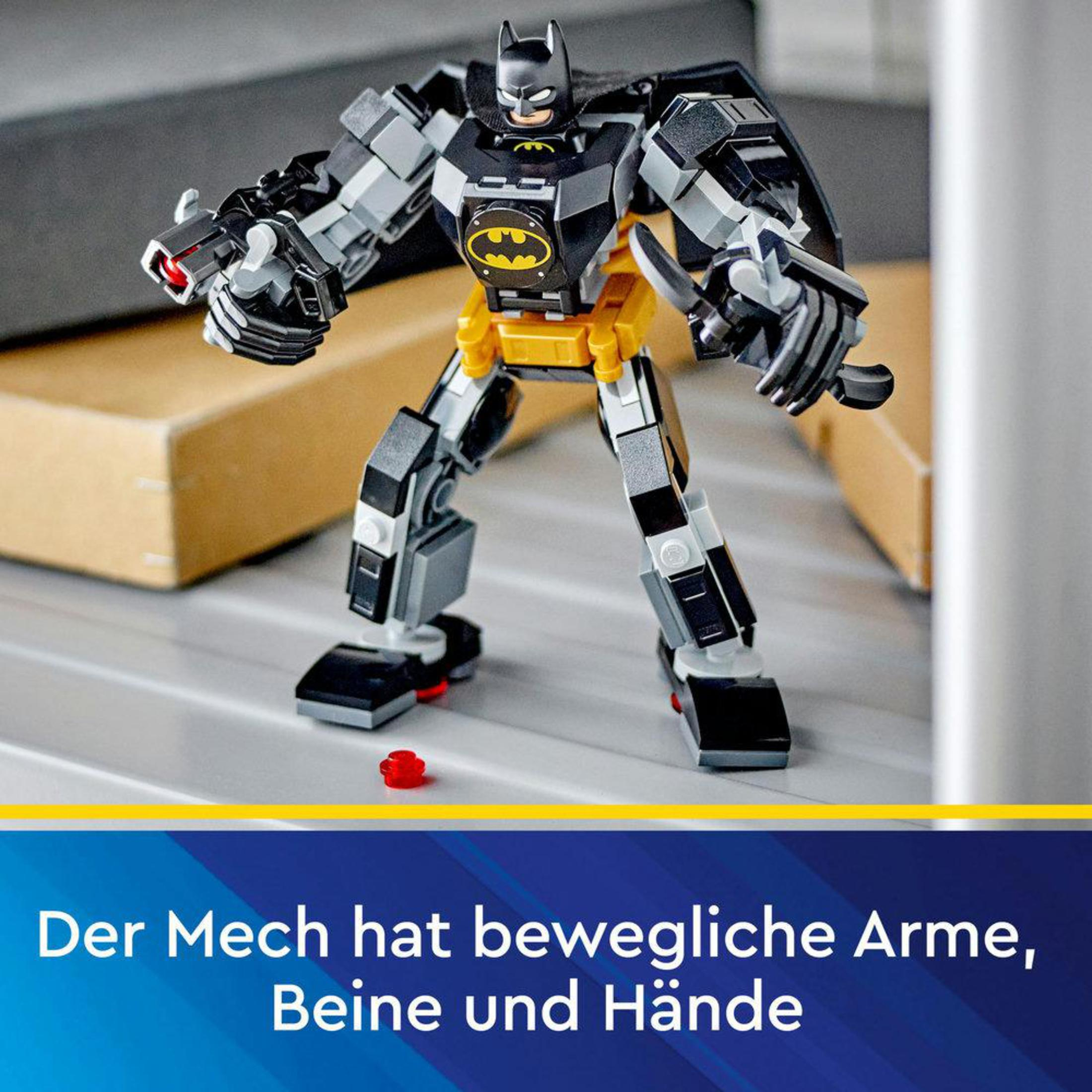 Figurka Lego Batman mech. Czarny, szary i żółty. Ma ruchome ramiona, nogi i dłonie.