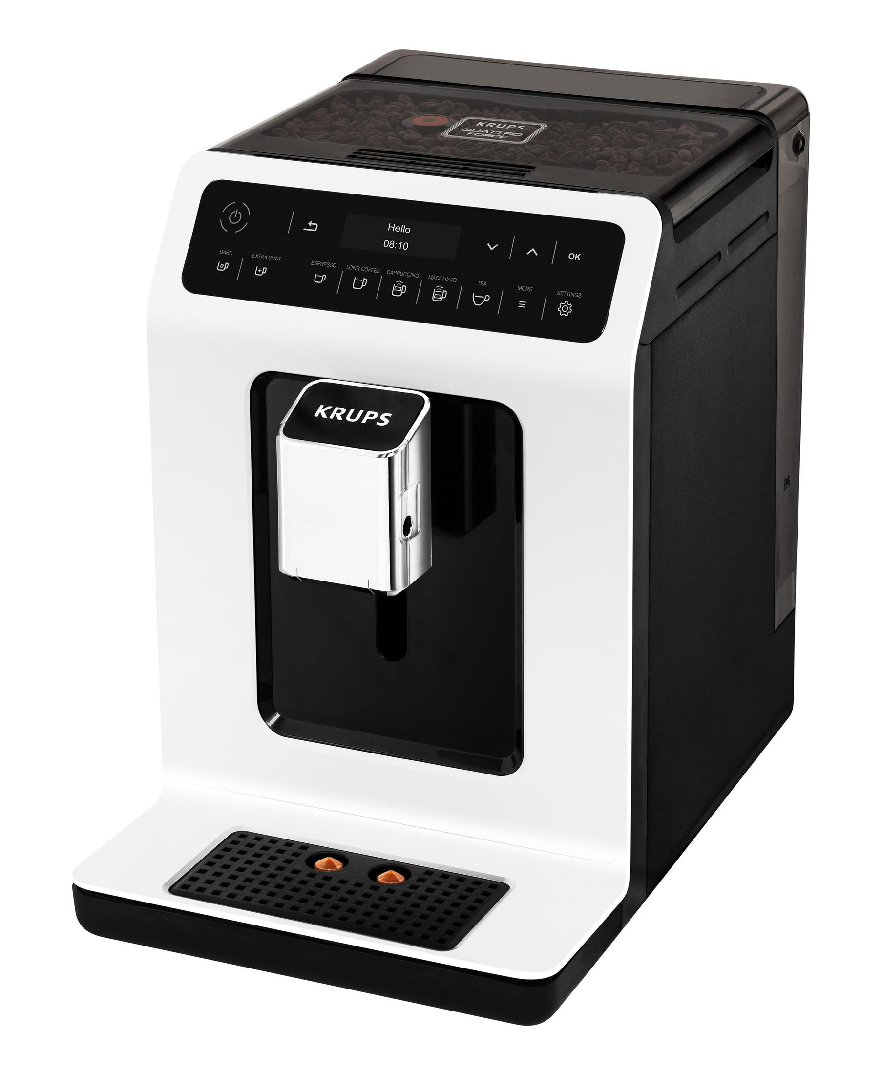 Macchina da caffè Krups bianca e nera con display digitale e contenitore per chicchi in alto.