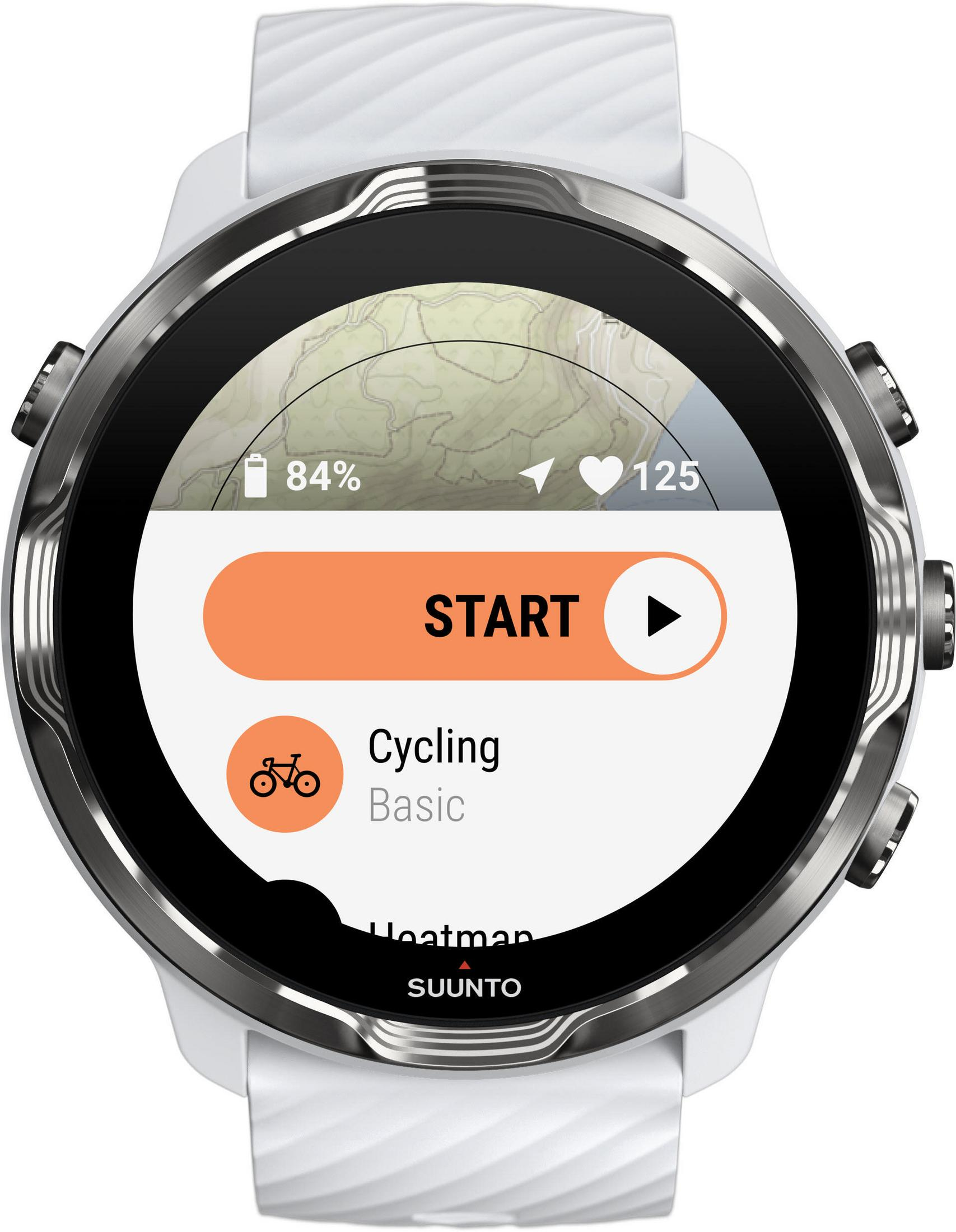 Weiße Smartwatch mit Kartenanzeige und orangefarbener 'START'-Taste.