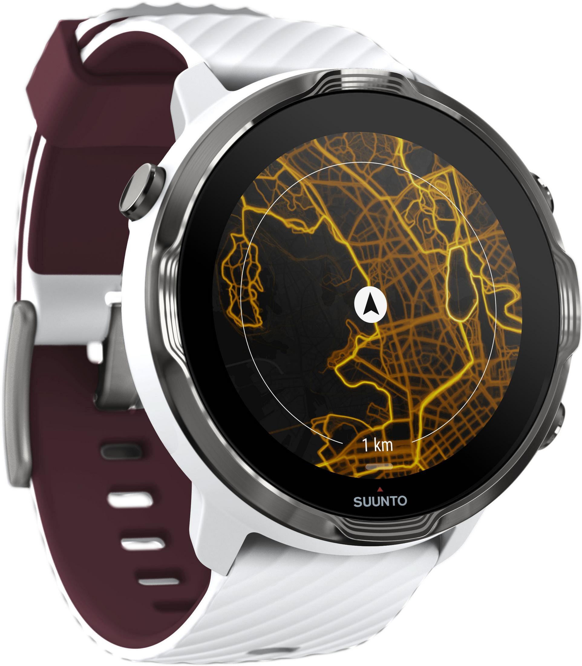 Weiße Suunto-Uhr mit schwarzem Bildschirm, der eine Karte zeigt. Das Armband ist weiß und bordeauxfarben.