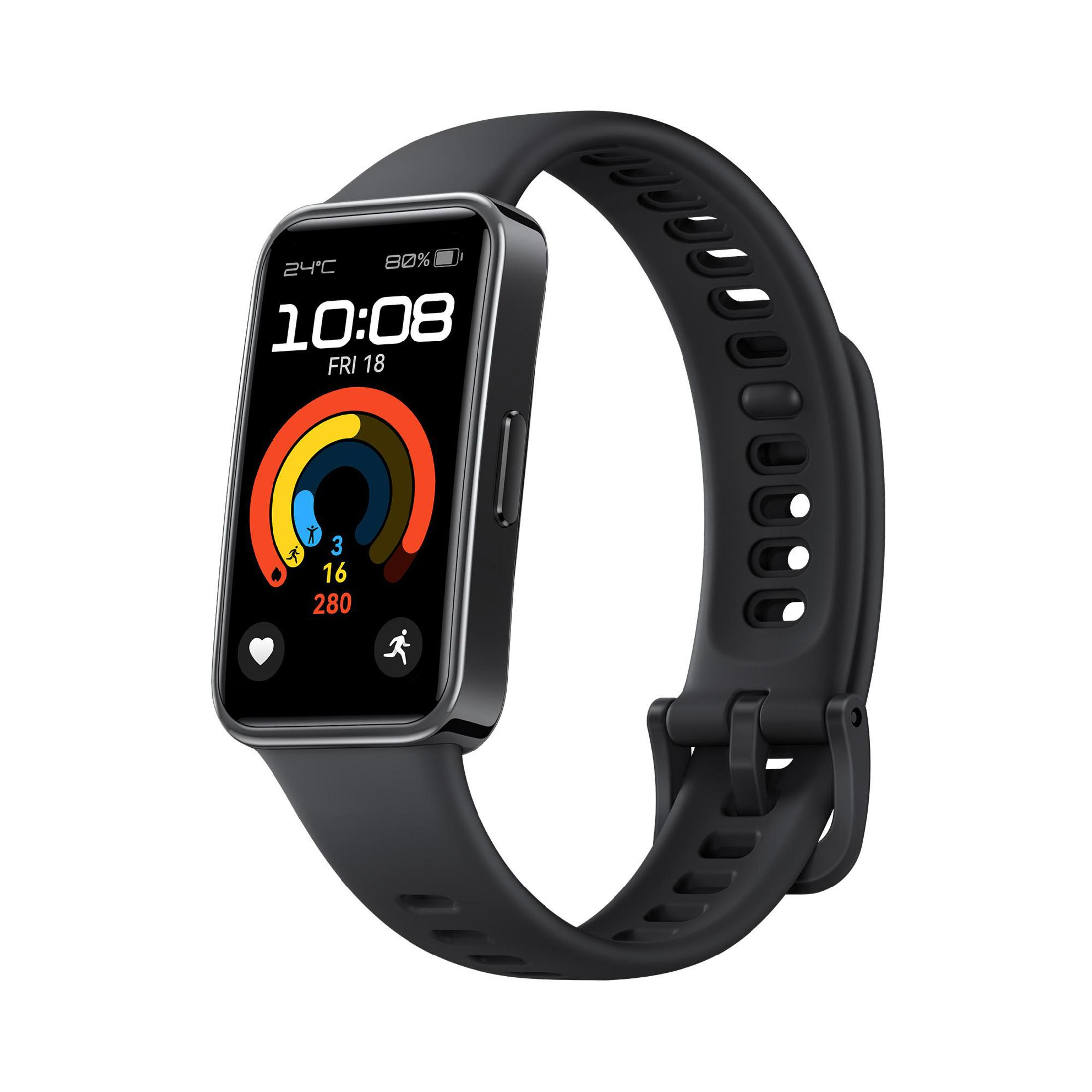 Czarny smartwatch z cyfrowym ekranem wyświetlającym czas, tętno i śledzenie aktywności.