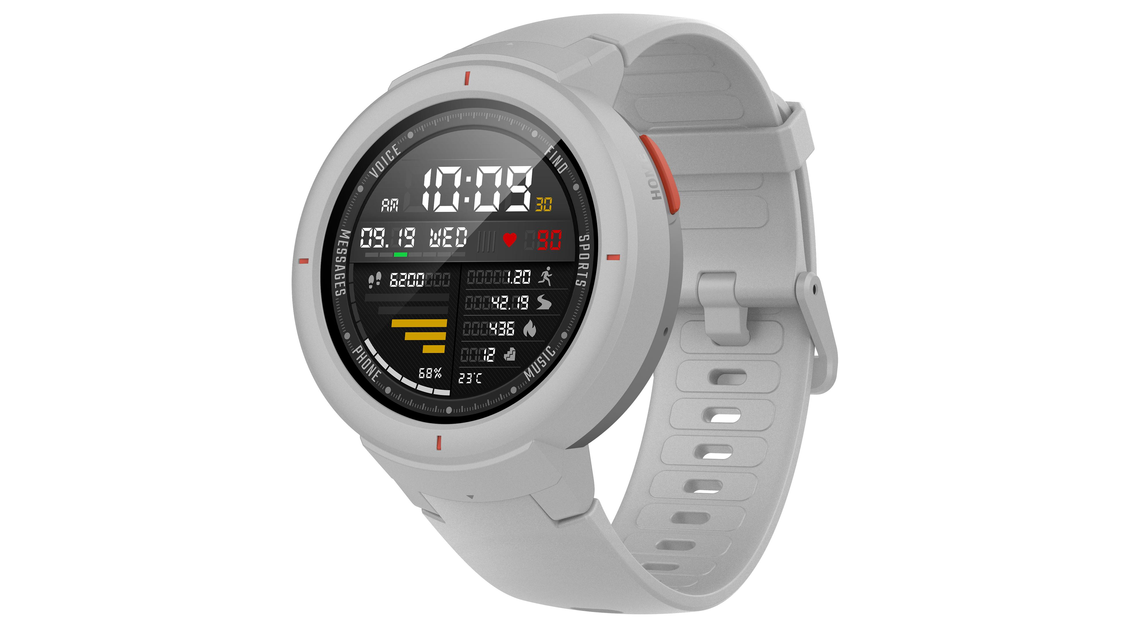 Smartwatch blanca con correa gris. Muestra la hora, fecha y métricas de fitness.