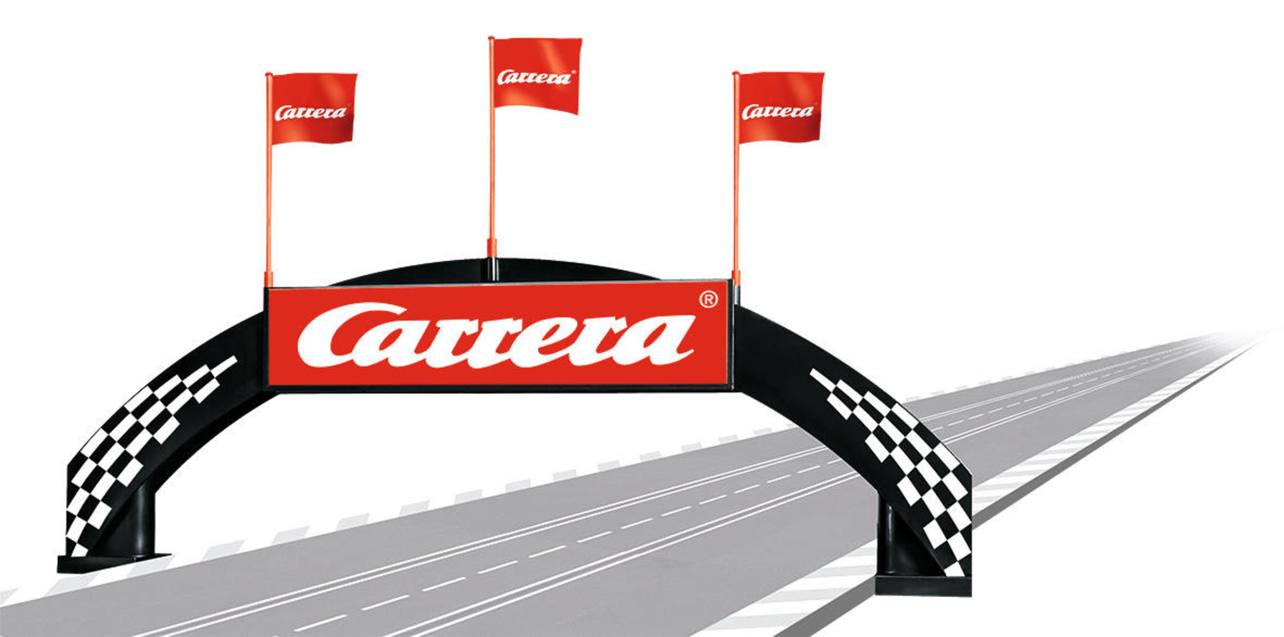 Carrera-Rennstreckenbogen mit Flaggen und Schachmuster. Graue Straße und weißer Hintergrund.
