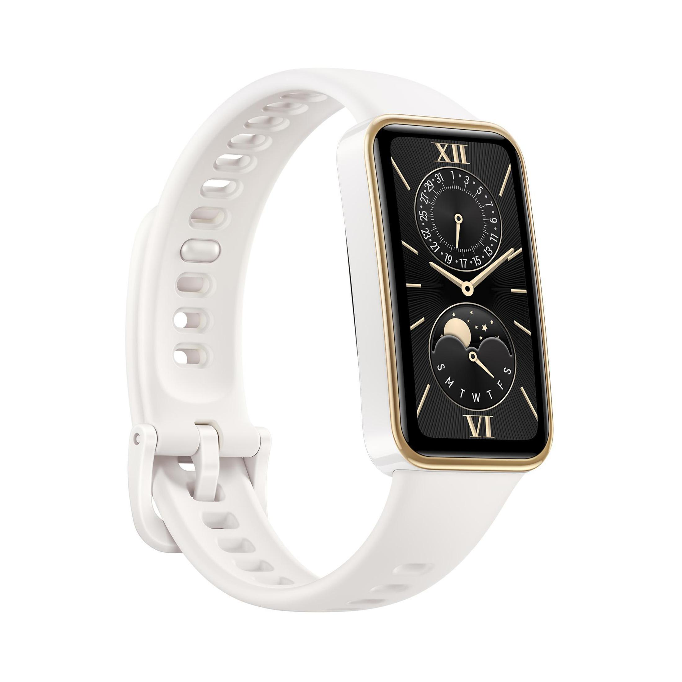 Uno smartwatch bianco con cornice dorata e display nero che mostra un quadrante.