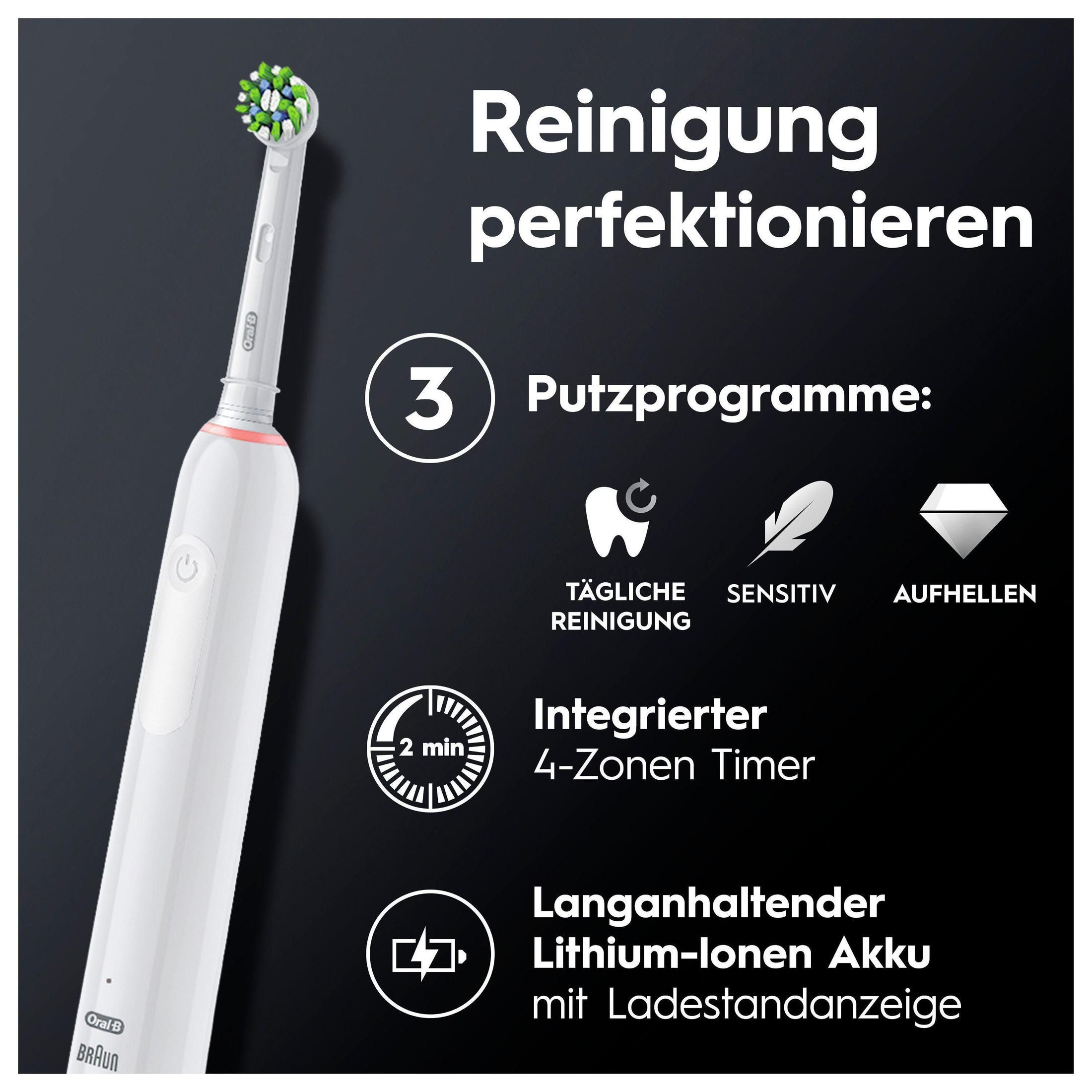 Uno spazzolino elettrico bianco con testina verde e bianca. Testo in tedesco, icone visibili.